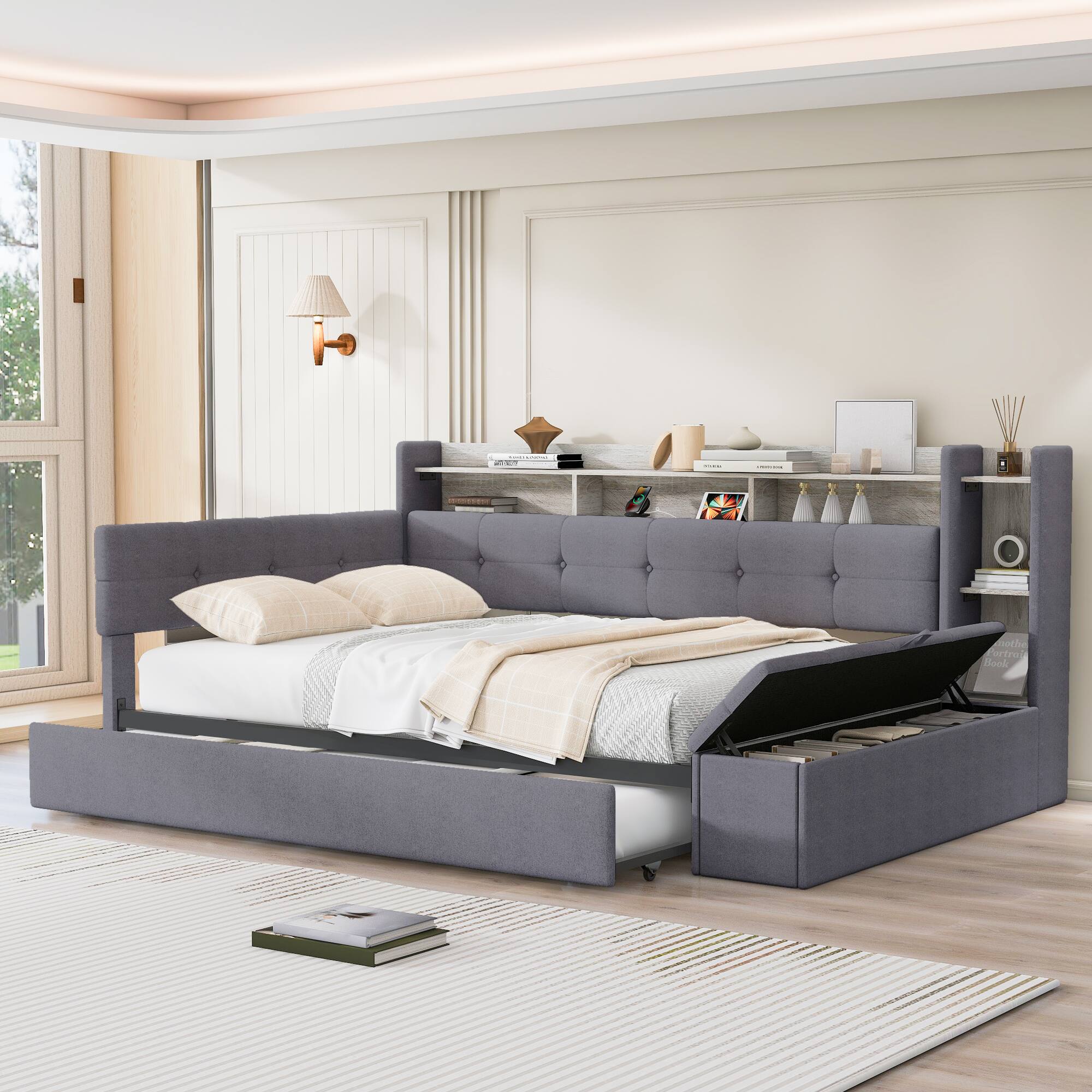 Front. Whisen - Twin Size Upholstered Daybed with Trundle, Storage Shelves, LED Light & USB Charging Station - Gray.