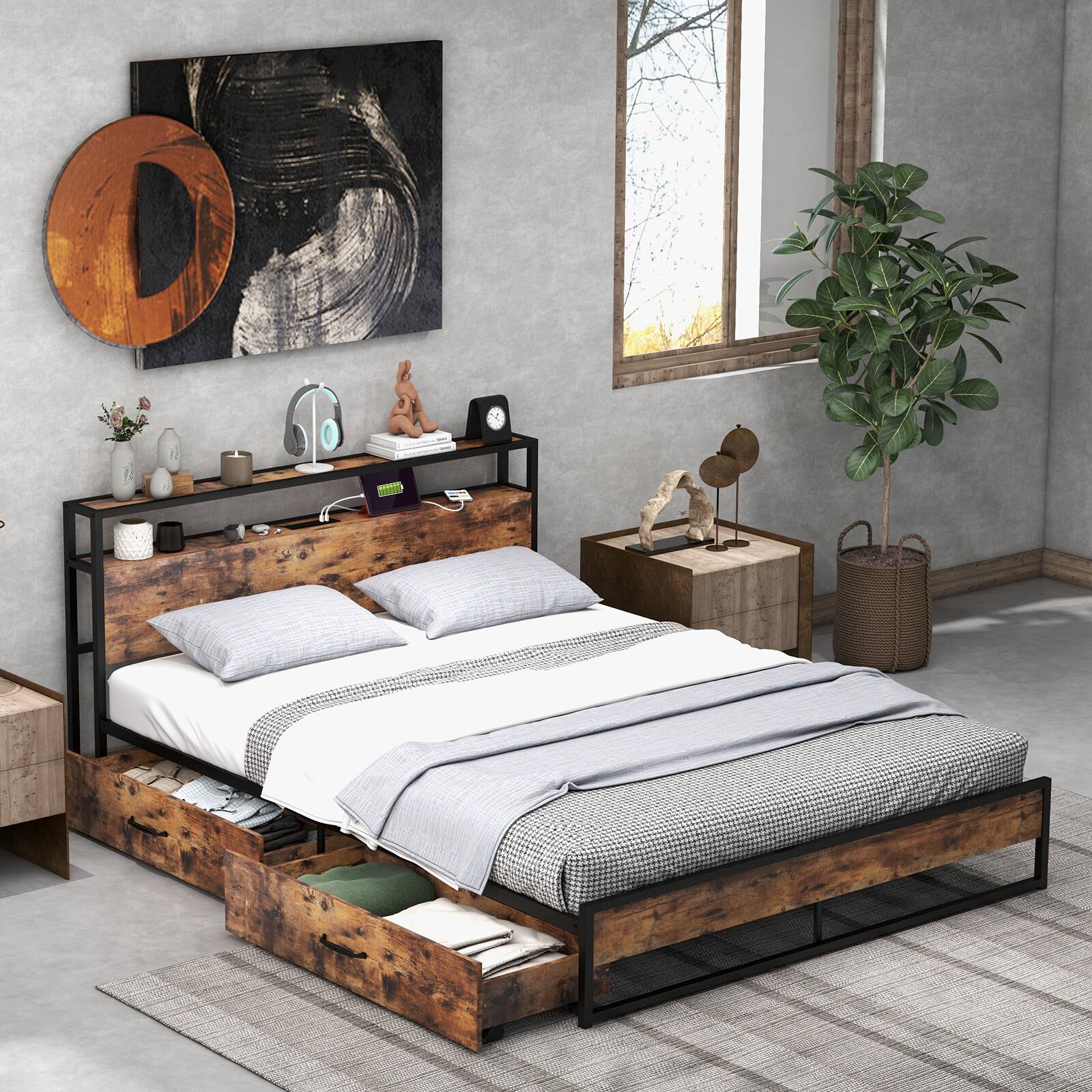 Angle. SlickBlue - Bed Frame with 2-Tier Storage Headboard and Built-In Charging Station - Rustic Brown.