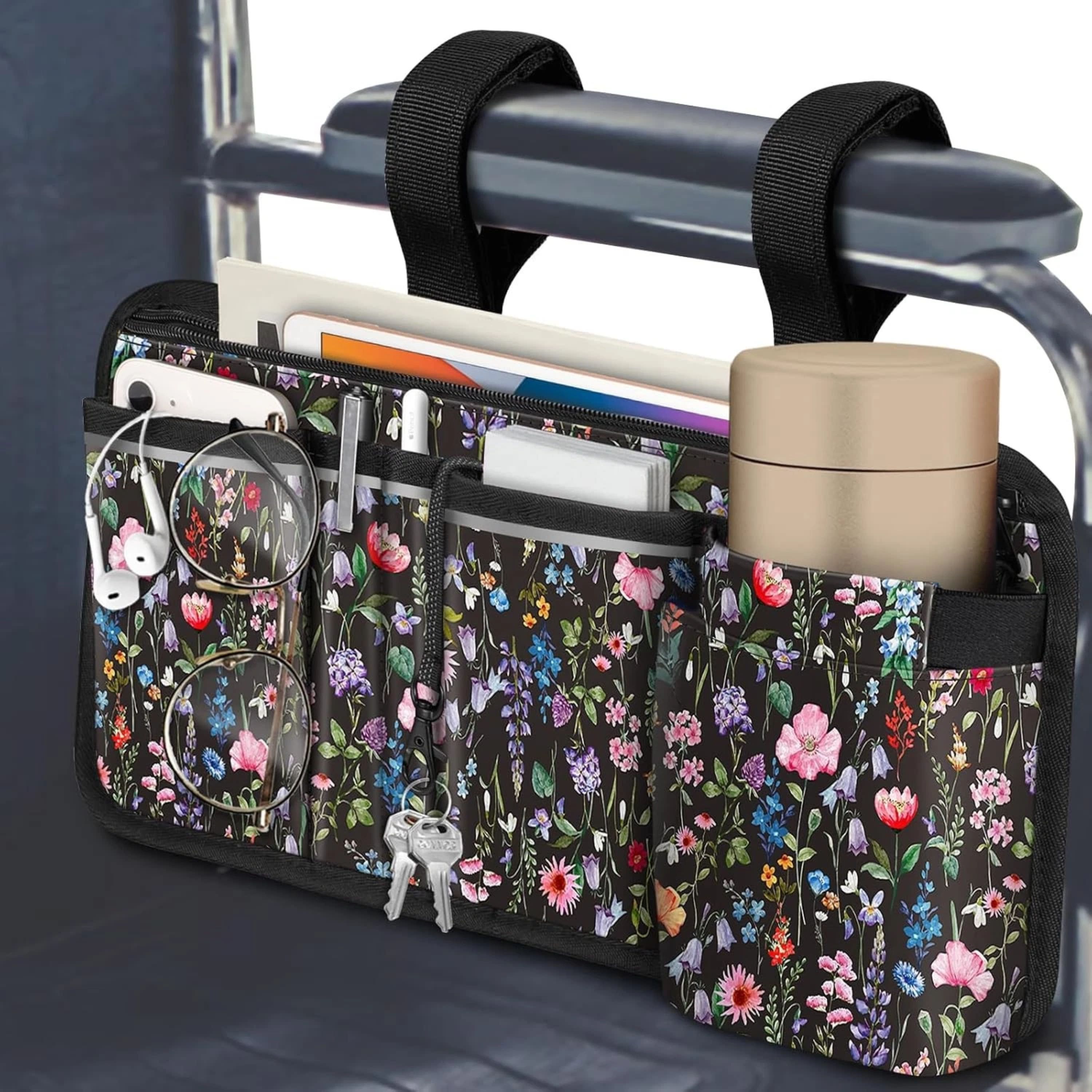 Kitcheniva - Wheelchair Armrest Accessories Pouch Side Storage Bag With Cup Holder - Black Floral price history on PriceWatchPro