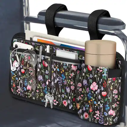 Front. Kitcheniva - Wheelchair Armrest Accessories Pouch Side Storage Bag With Cup Holder Black Floral - Black Floral.