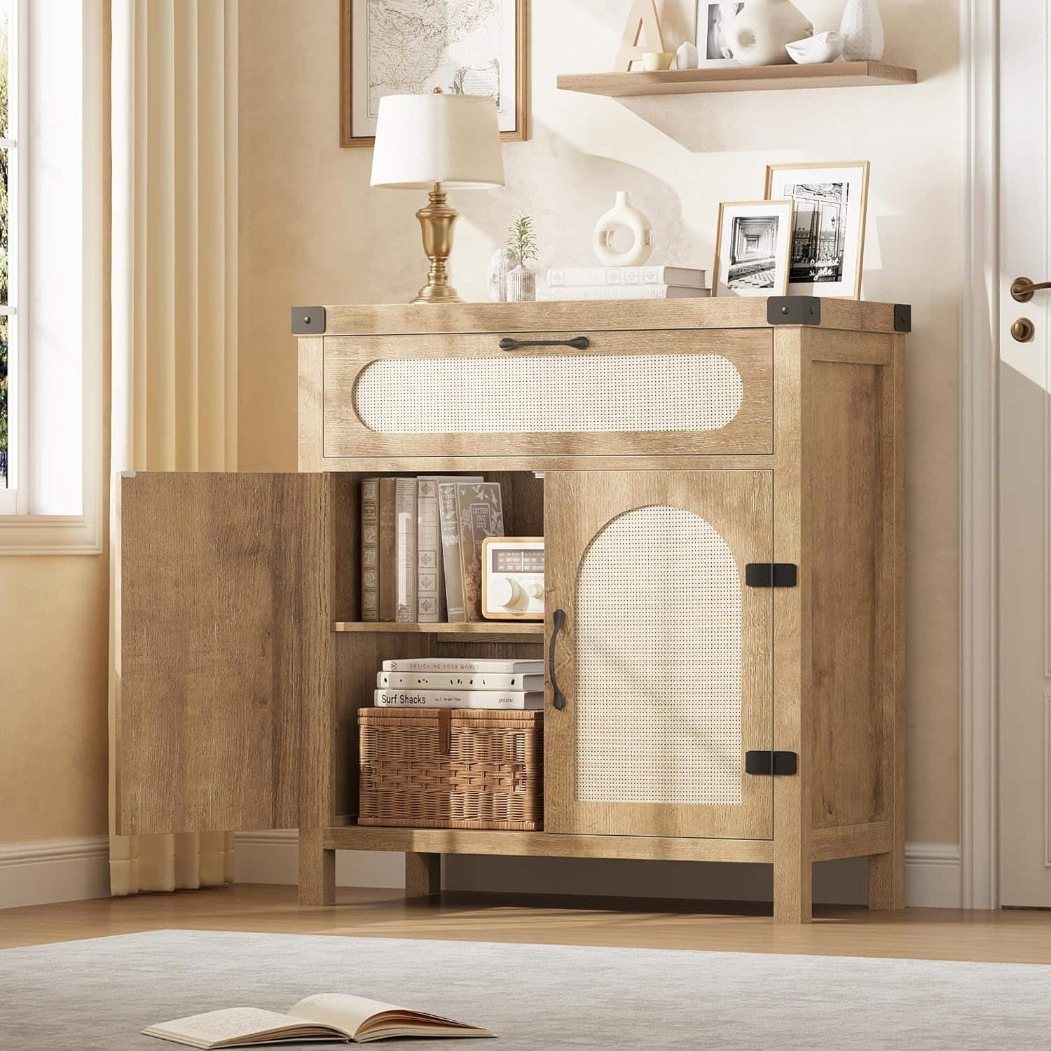 Qeetex - Rattan Sideboard Buffet Cabinet with Storage, Drawer & Adjustable Shelves for Farmhouse Kitchen - Oak