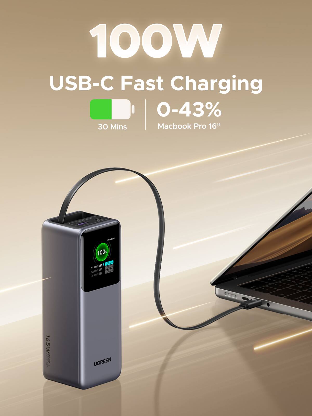 100W USB-C Fast Charging  
0-43% in 30 Mins  
Macbook Pro 16"  
100 aUF  
0dda CT  
a our aida aF  
A  
1  
-  
1  
165 W  
P: I UGREEN