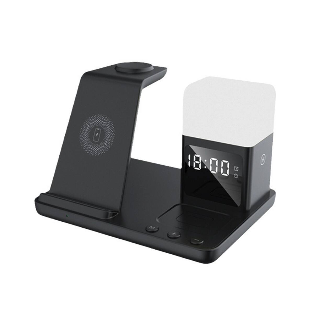 Angle. RISOKEYS - 5-in-1 Wireless Charger - Night Light Alarm Clock, Power Adapter Compatible with Samsung for Phone, Watch & Earphone - Black.