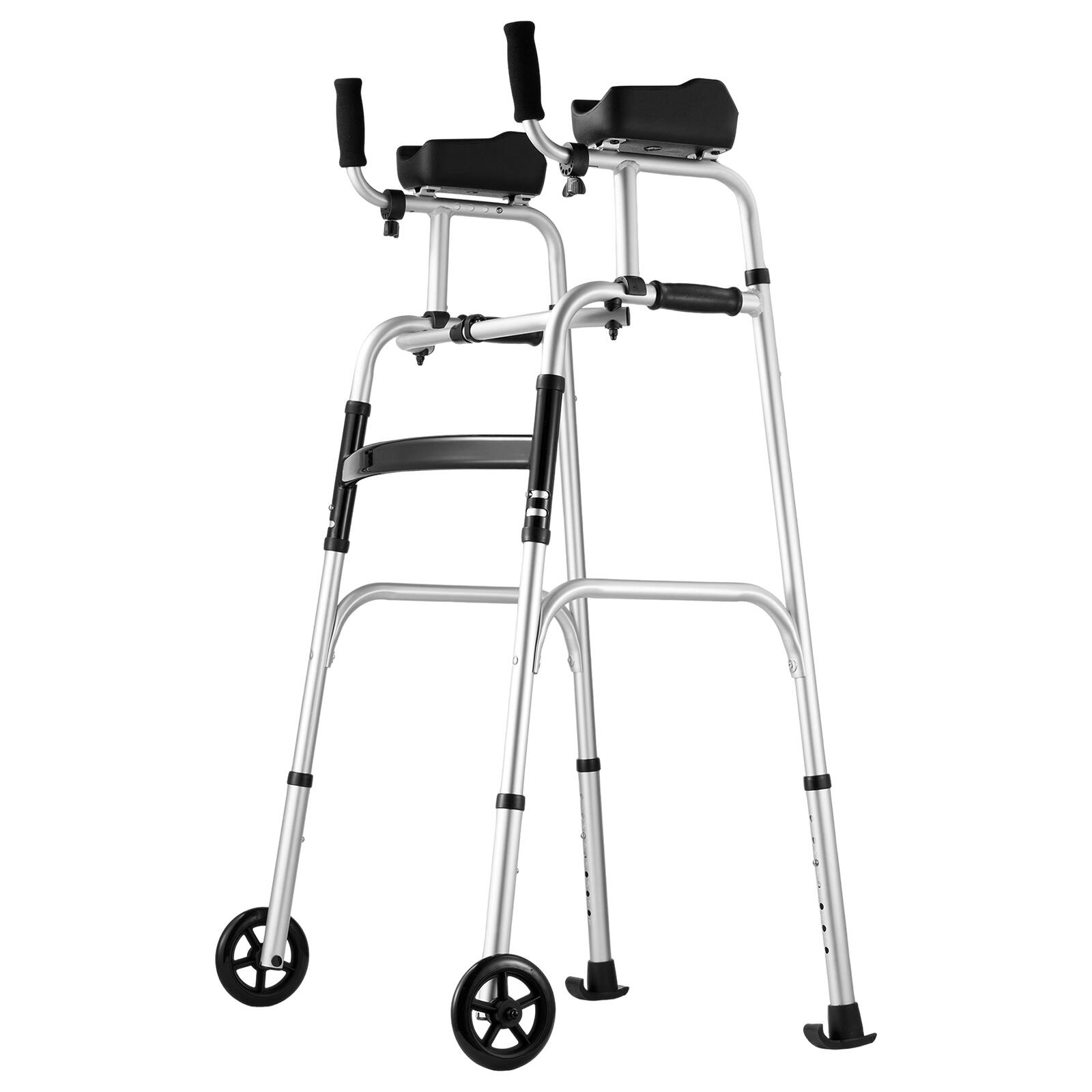 Alt View 5. VEVOR - 2 in 1 Folding Walker & Removable Armrests, Height Adjustable Foldable Walker with 5" Solid Wheels, Lightweight Aluminum - Silver.