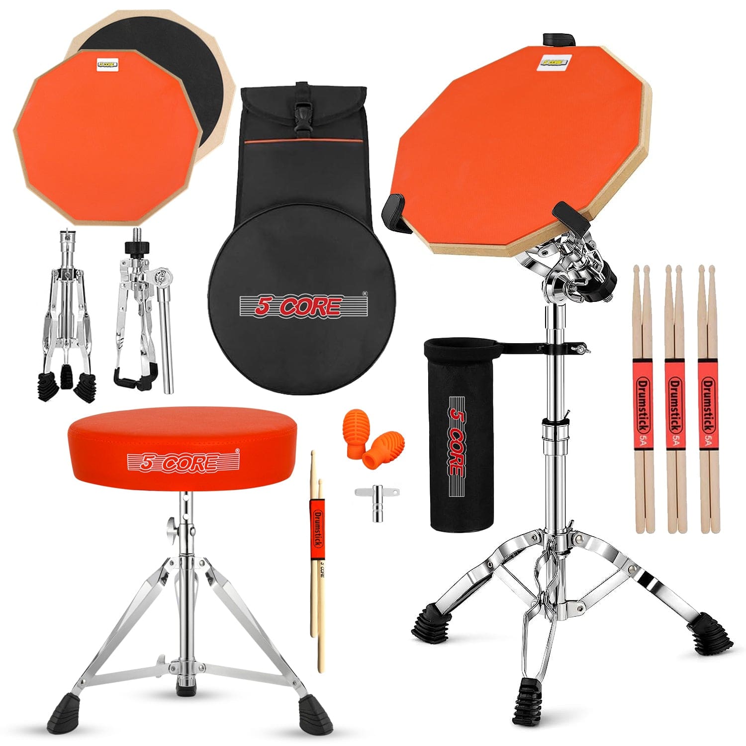 5 CORE - Drum Throne Adjustable Guitar Stool Padded Seat + Drum Practice Pad Snare Drumming Stand - Orange