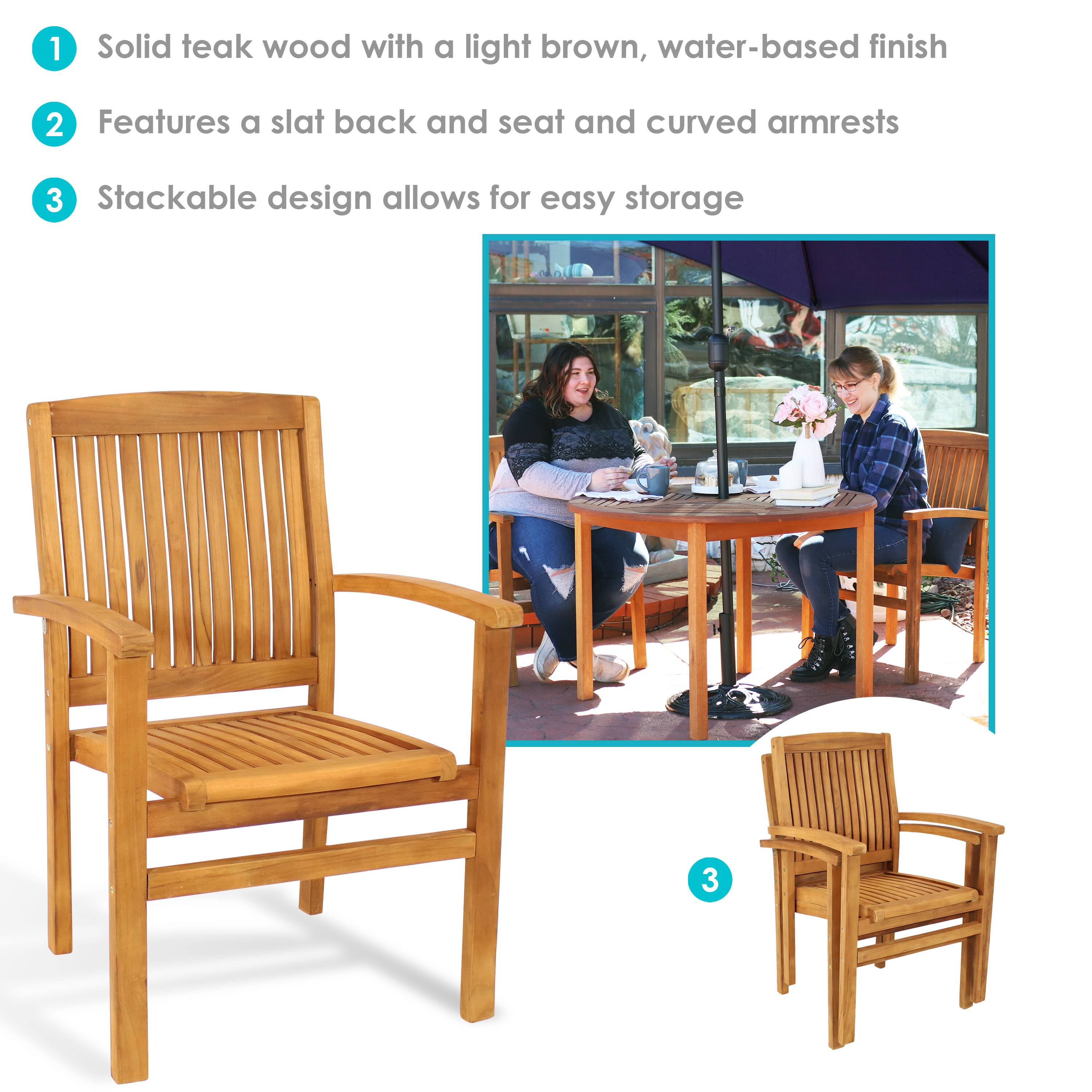 1. Solid teak wood with a light brown, water-based finish  
2. Features a slat back and seat and curved armrests  
3. Stackable design allows for easy storage