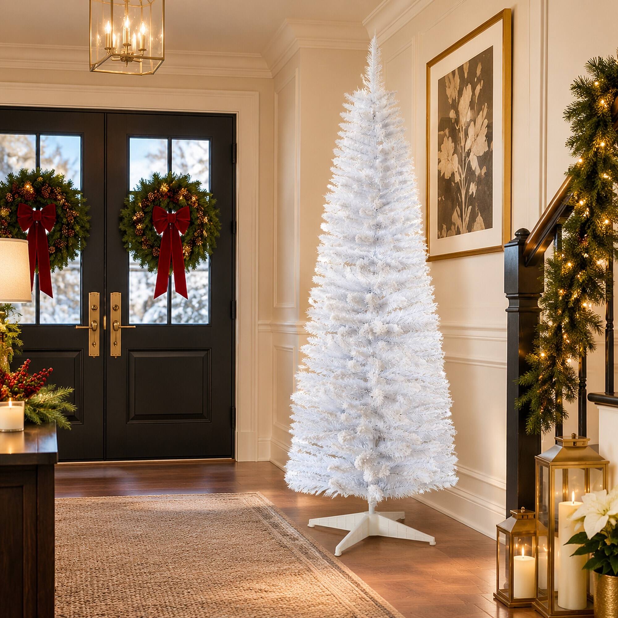 RYHNUYNE 5 Ft Snow Flocked Slim Pencil Christmas Tree,Plastic Base Easy ...