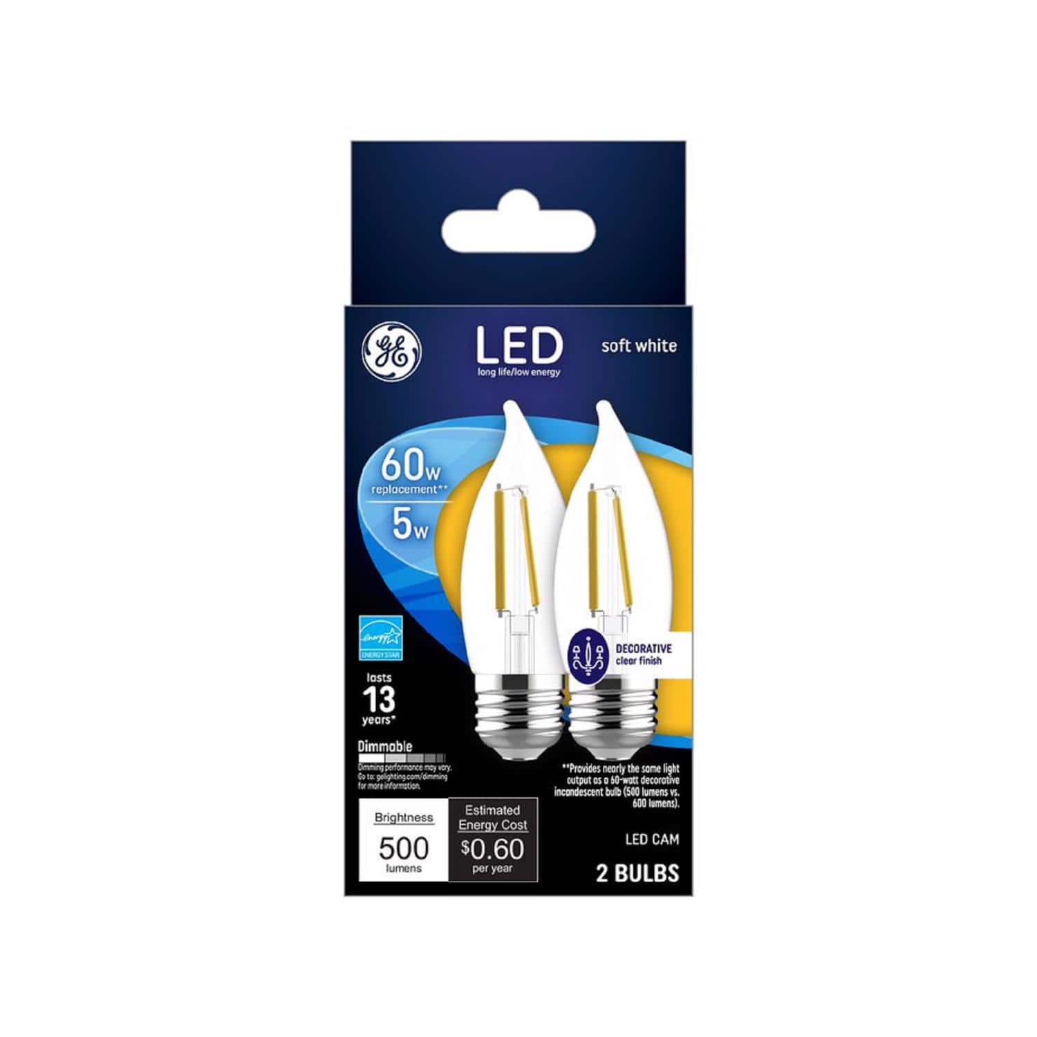 GE - CA11 E26 (Medium) LED Bulb Soft White 60 Watt Equivalence 2 pk