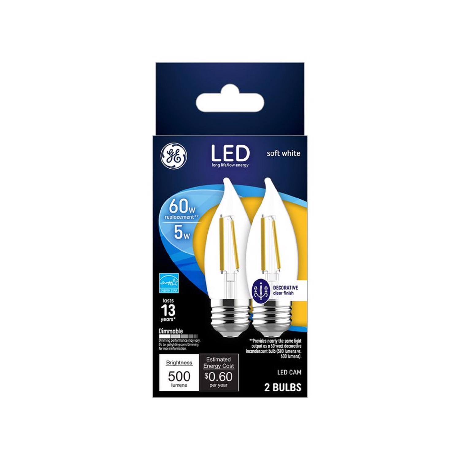 LED soft white long life/low energy  
60w replacement** 5v  
lasts 13 years*  
DECORATIVE clear finish  
Dimmable noy vo). *Provides nearly the same light as 210 gelighting.com dimming 20 60-watt output D decorative incandescent bulb (500 lumens VS. 600 lumens). Estimated Brightness Energy Cost LED CAM 500 $0.60 lumens per year 2 BULBS