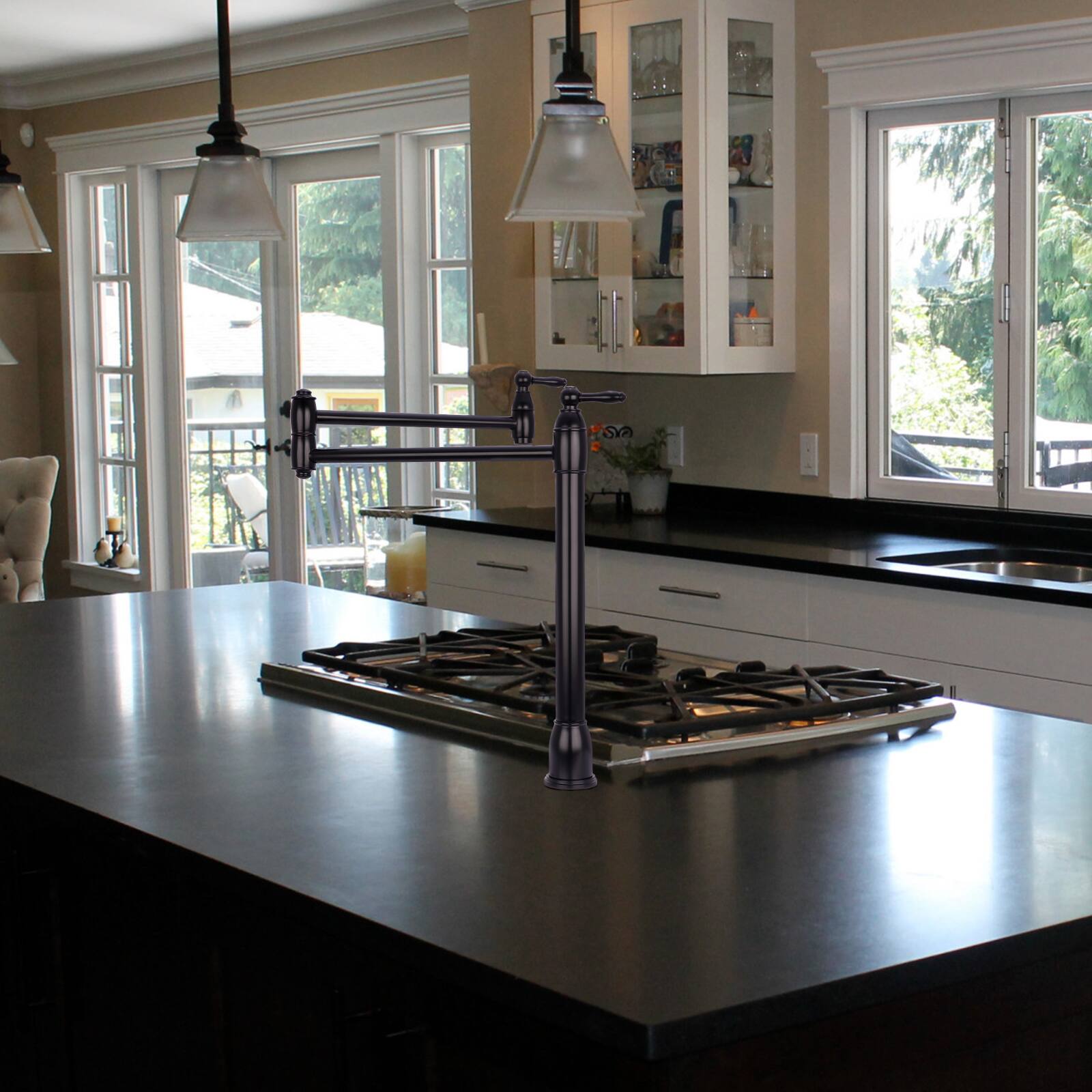 Alt View 5. Akicon - Akicon Solid Brass Deck-Mounted Pot Filler Kitchen Faucet with Dual Joint Swing Arms in Matte Black - Matte Black.