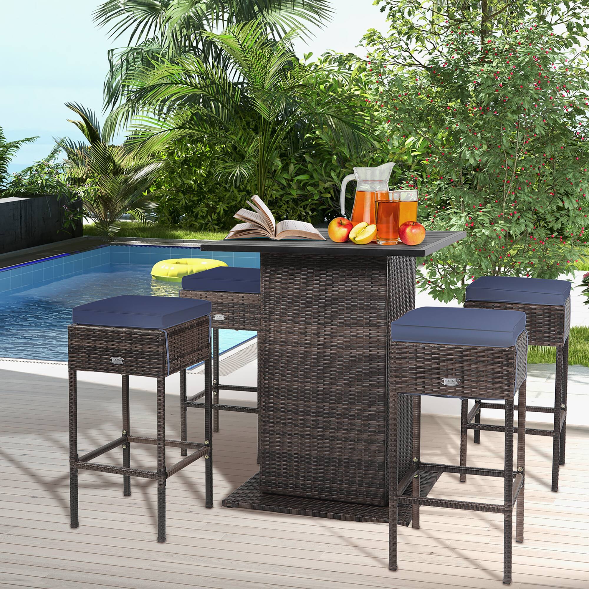 Gymax - 5PCS Patio Bar Set Rattan Bar Furniture Set w/ Table & 4 Cushioned Stools - Navy
