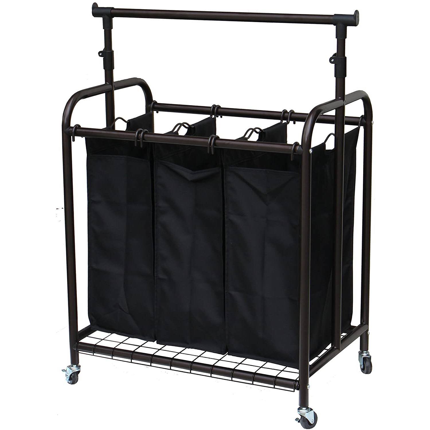 Left. Hivvago - Bronze Black 3-Bag Laundry Sorter Hamper with Adjustable Clothes Hanging Bar - Black.
