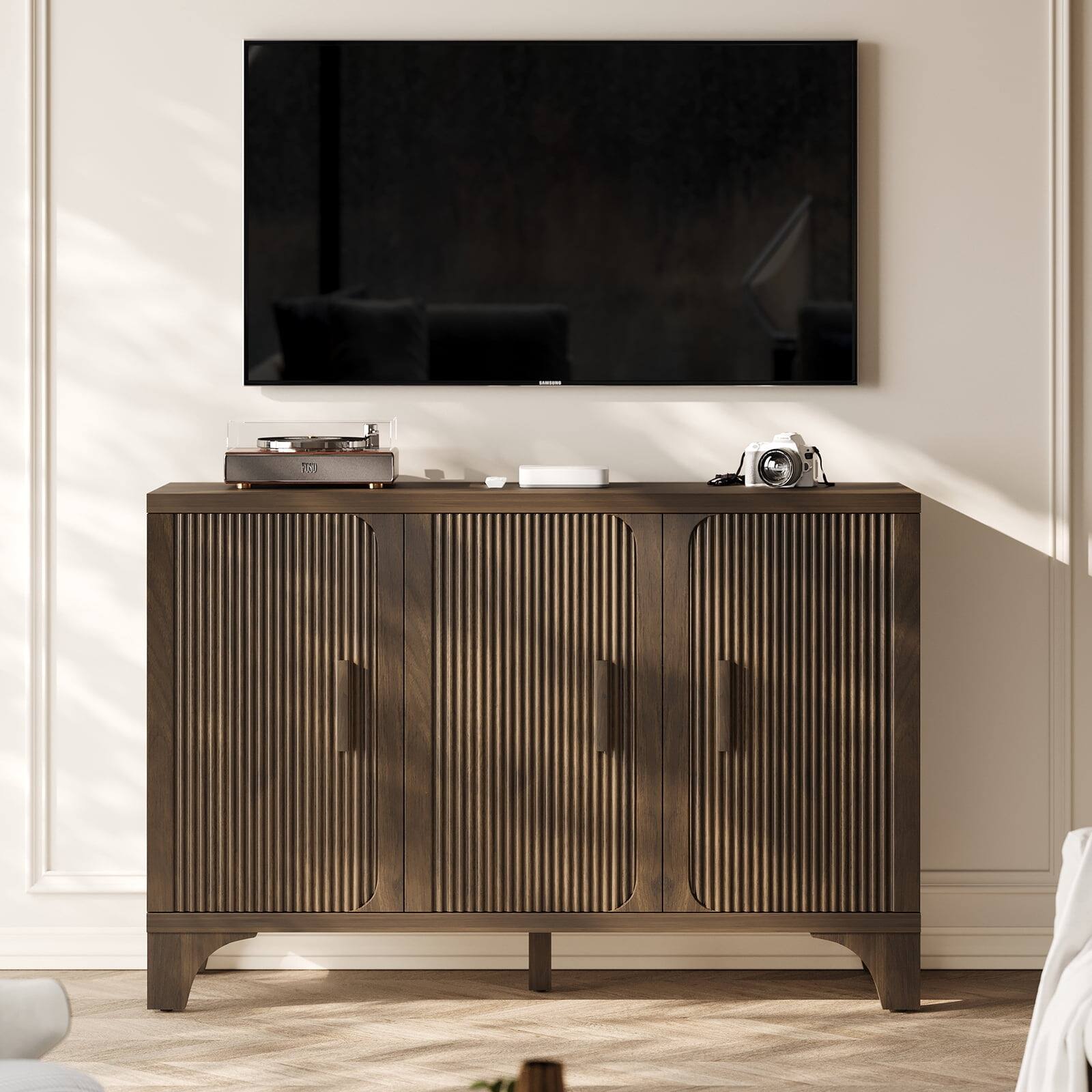 Alt View 5. Sugift - 47 Inch Fluted Buffet Cabinet Sideboard with 3 Doors and 4 Storage Compartments - Walnut Brown.