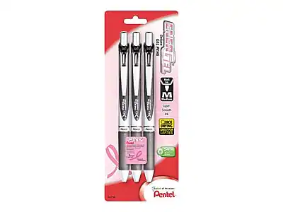 Sure, here is the corrected and grouped text from the image:
**Product Name:**
- ENERGIE
**Details:**
- 3 Gel Pens
- M Size
- Pink Ink
- Smooth Writing
- Quick Drying Ink
- Water Proof
**Brand:**
- Pentel
**Additional Information:**
- Made in Japan
**Packaging:**
- Pink Ribbon Design
**Features:**
- 5% Off
