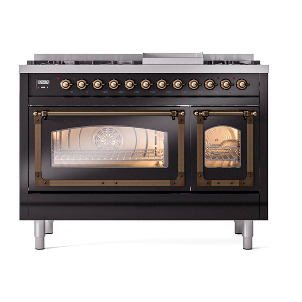 Alt View 4. ILVE - ILVE Nostalgie II 48 inch Dual Fuel Range with 8 Burners + Griddle (Natural Gas, Glossy Black, Burnished Trim) - Glossy Black.