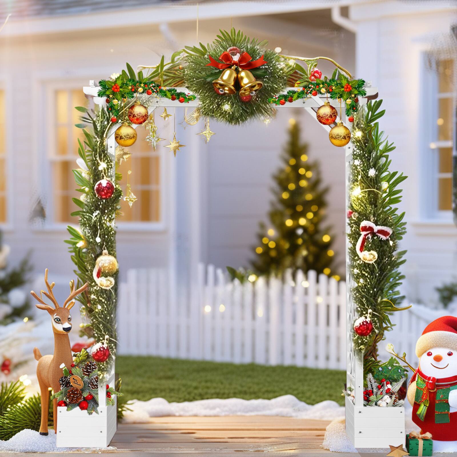Alt View 8. Winado - ​7.2 FT Flat Top Wooden Arch with Planting Frame for Outdoor Ceremony Party Decoration - White.