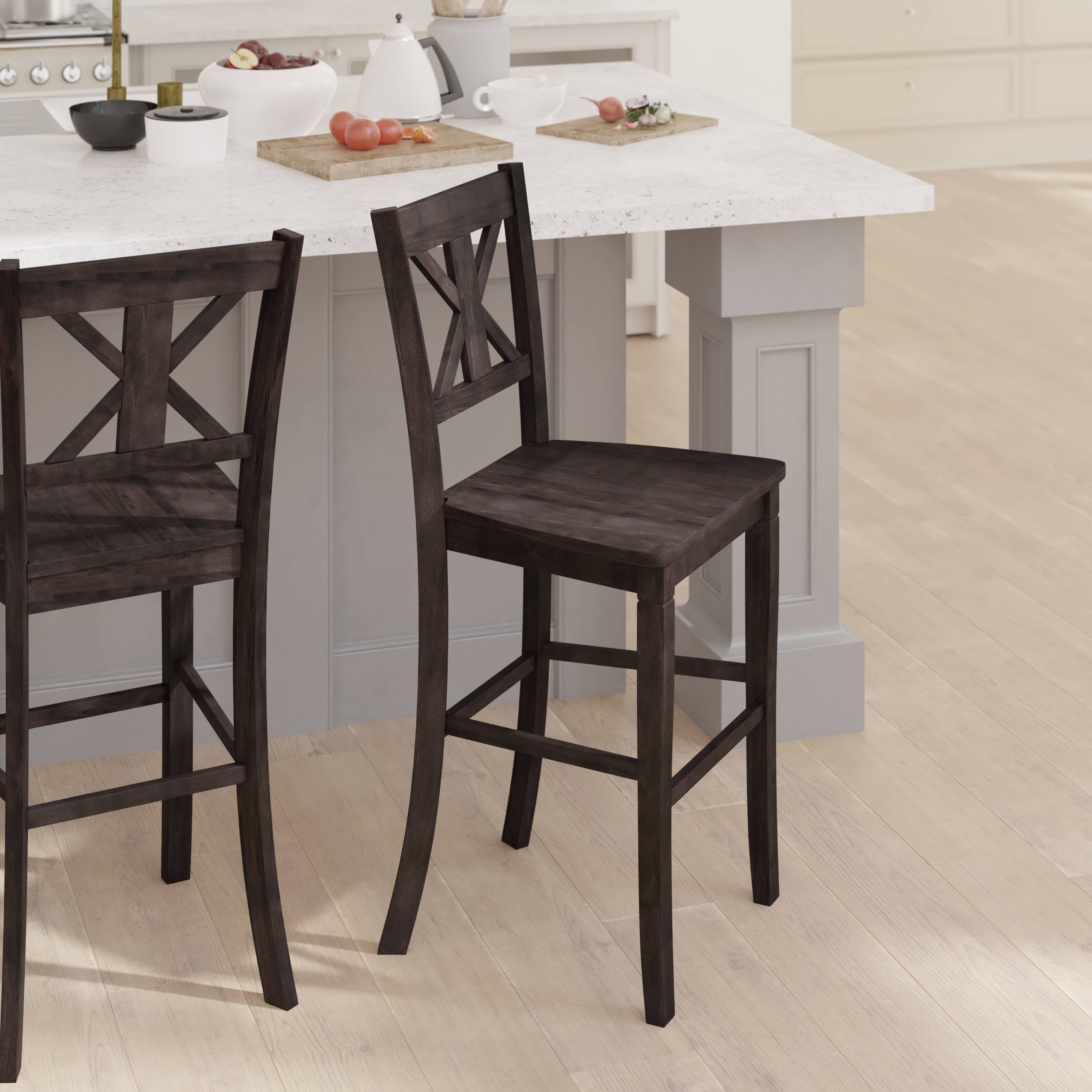 Alt View 4. Emma + Oliver - Lara Set of 2 Wooden Modern Farmhouse Bar Height Dining Stool with Decorative Carved Backrest and Wood Seat - Gray Wash Walnut.