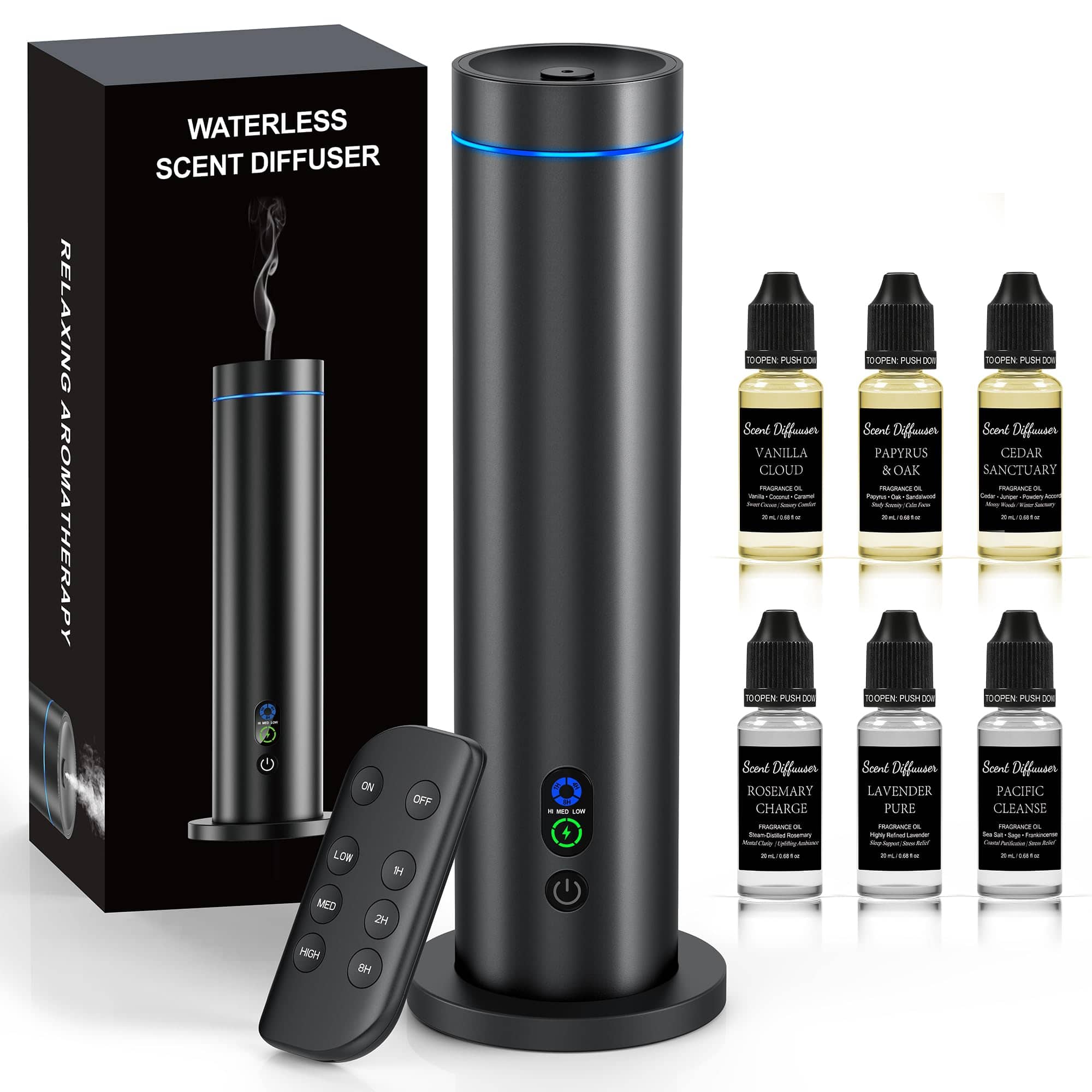 Live At Space - Waterless Nebulizing Diffuser 1000ft² Remote Timer Mist Modes LED Safe - Black