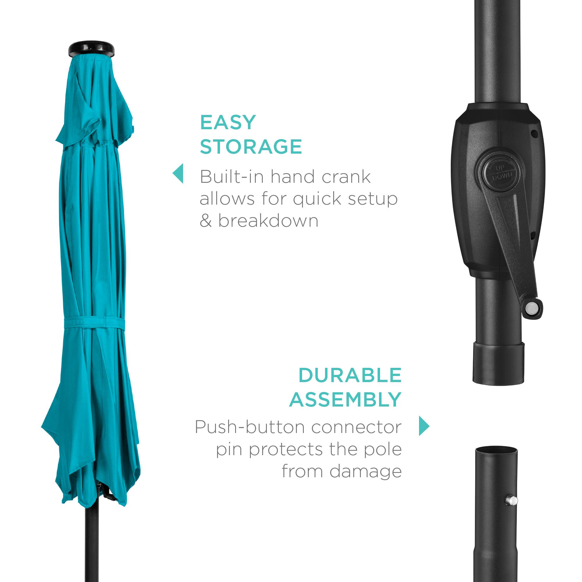 EASY STORAGE  
Built-in hand crank allows for quick setup & breakdown  

DURABLE ASSEMBLY  
Push-button connector pin protects the pole from damage