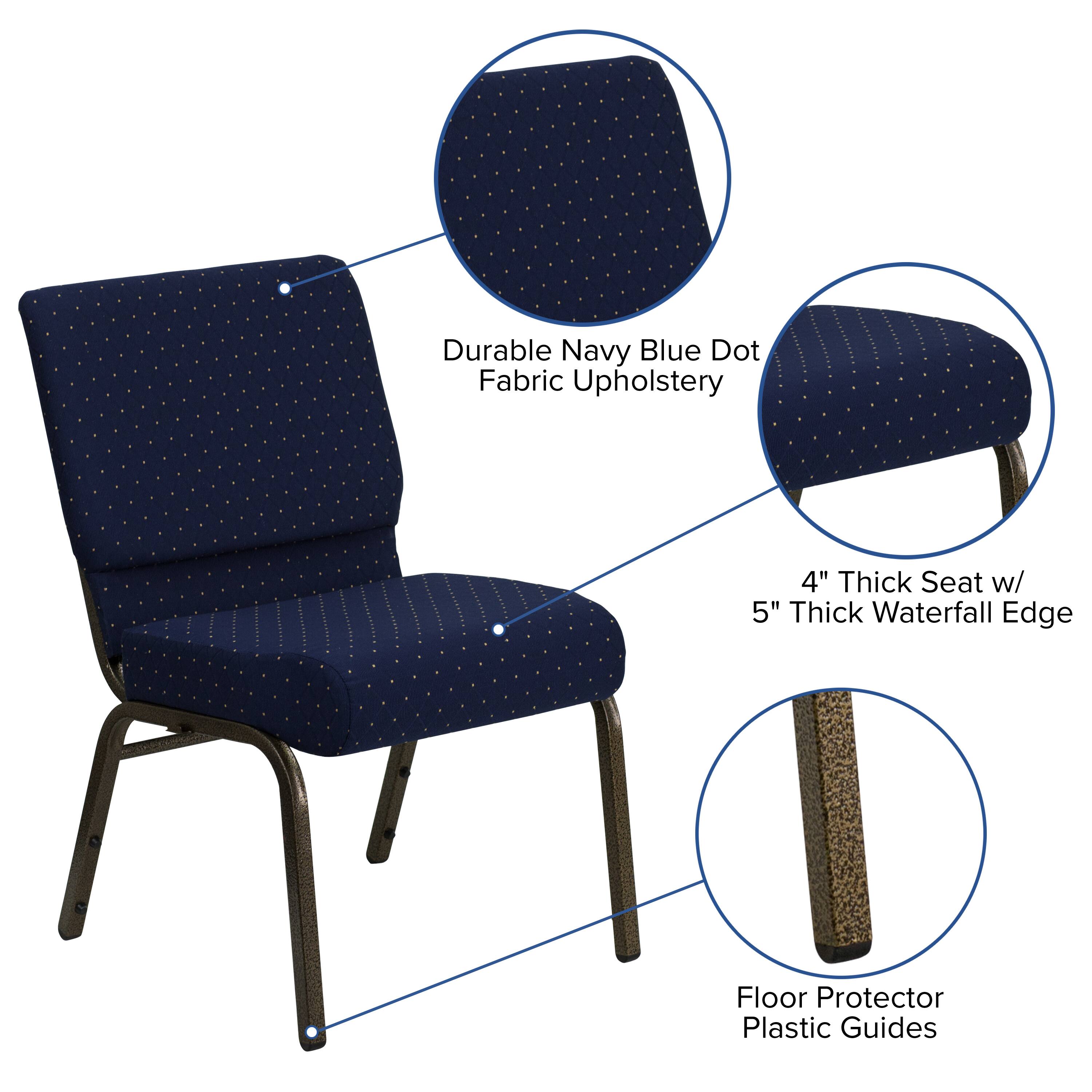 Durable Navy Blue Dot Fabric Upholstery  
4" Thick Seat w/ 5" Thick Waterfall Edge  
Floor Protector Plastic Guides