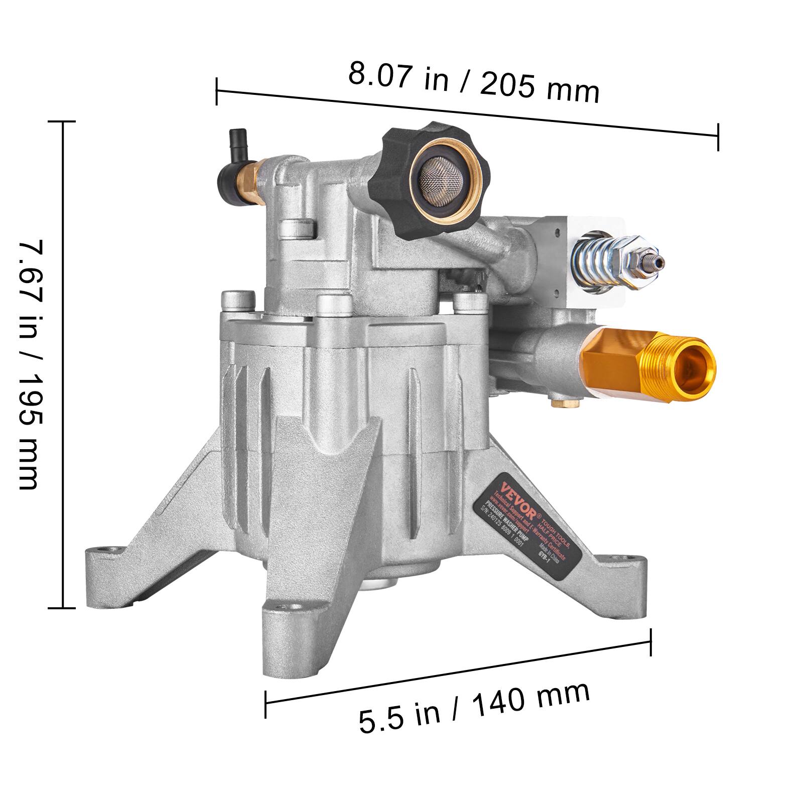 8.07 in / 205 mm  
7.67 in / 195 mm  
5.5 in / 140 mm  

Tecteiral VEVOR  
PRESEURE MI12S  
RAHER - SC FONF  
Mumats T-a 200T  
Cartificate
