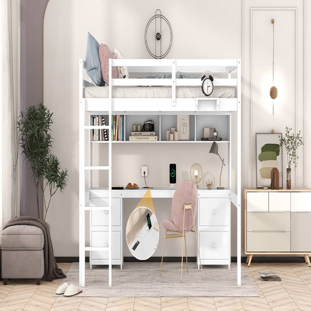 Loheer Full Size Loft Bed with Desk and Storage Wood Loft Bed with ...