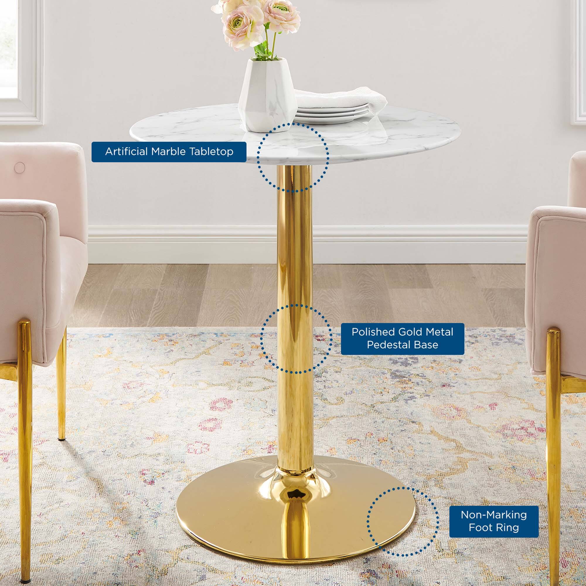 Artificial Marble Tabletop  
Polished Gold Metal Pedestal Base  
Non-Marking Foot Ring