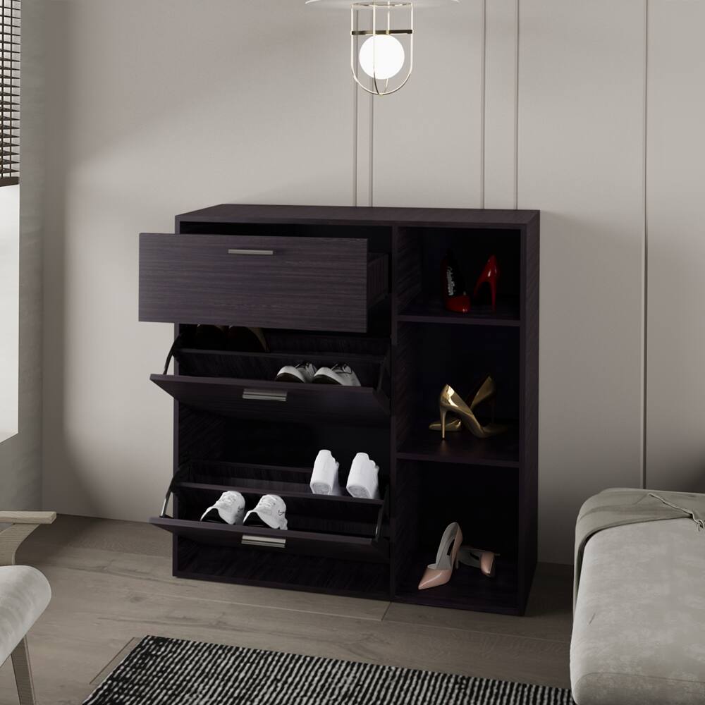 Alt View 1. Loheer - Loheer 3-door shoe rack with drawer, modern black shoe cabinet, 32.2 inch H - Black.