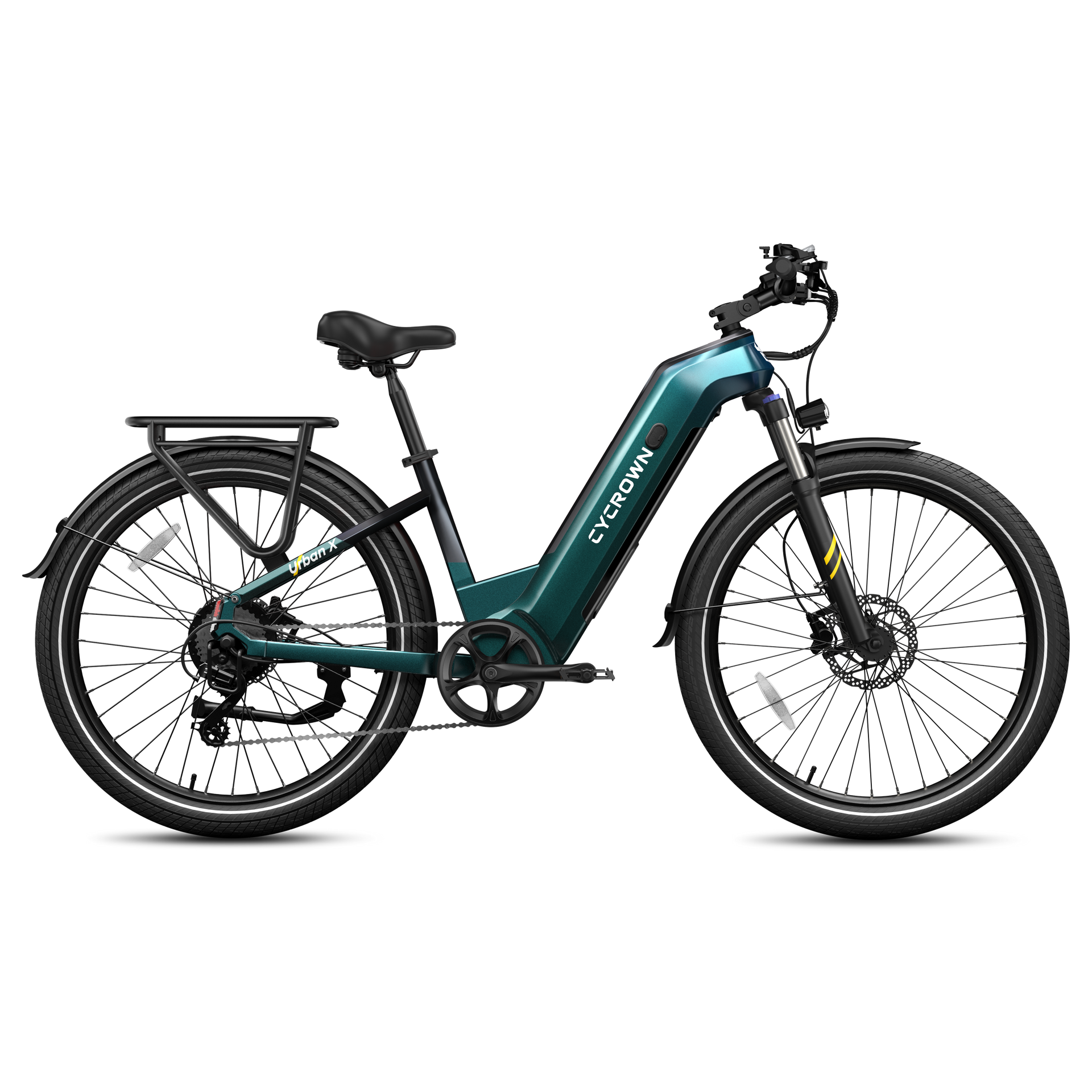 Left. CYCROWN - Urban X Commuter Ebike(1000W Motor , 20MPH Top Speed , 90Miles Range , 48V 20Ah Battery) - Alpine Green.