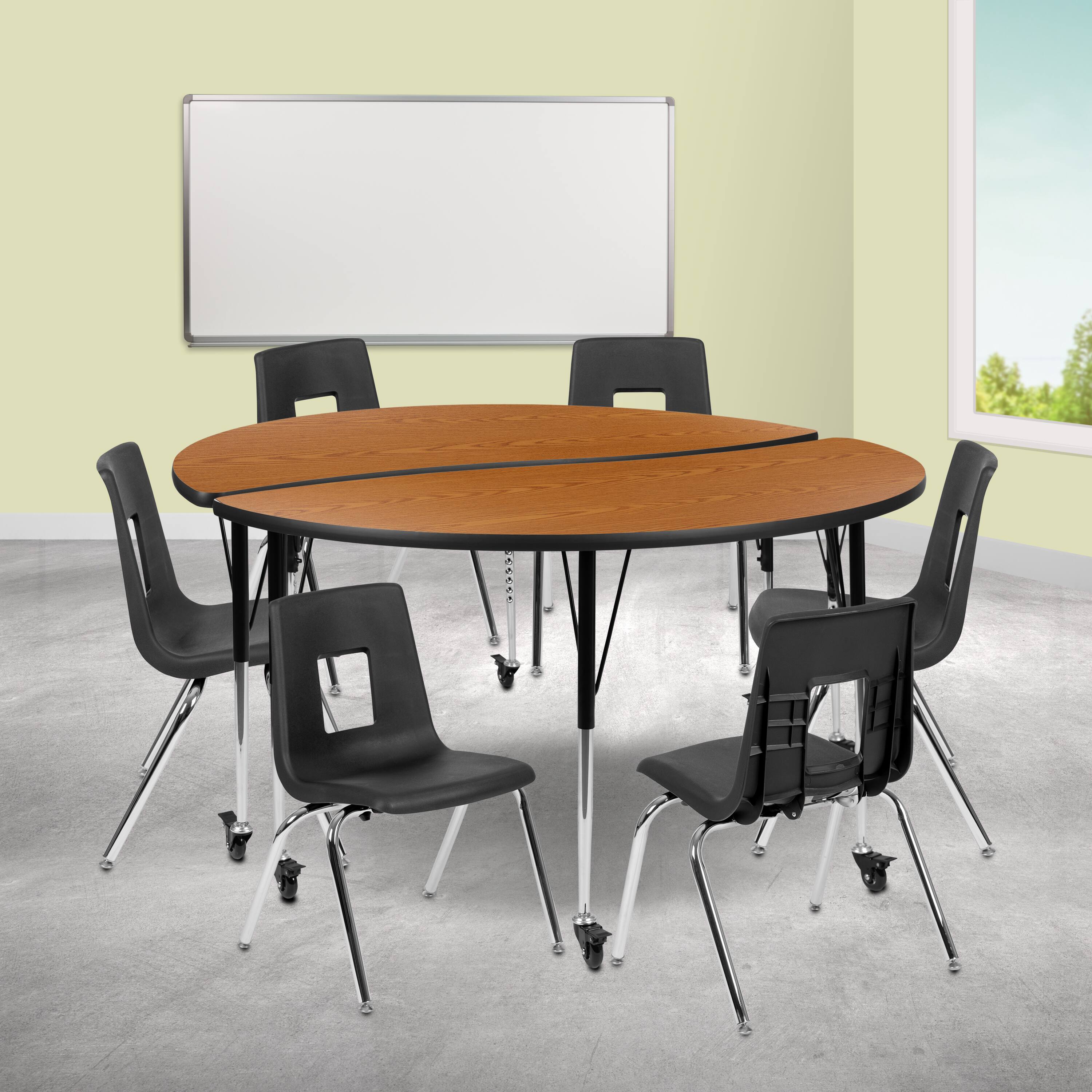 "Emma + Oliver - Mobile 60"" Circle Wave Collaborative Laminate Activity Table Set with 16"" Student Stack Chairs, Grey/Black - Oak" price history on PriceWatchPro