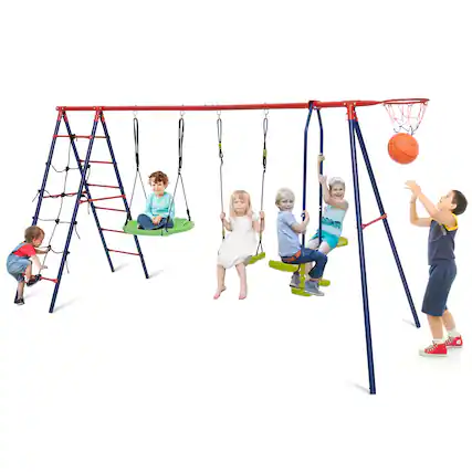 Front. Costway - Costway Swing Set for Backyard with 2 Height Adjustable Swings Glider Basketball Hoop - Red.
