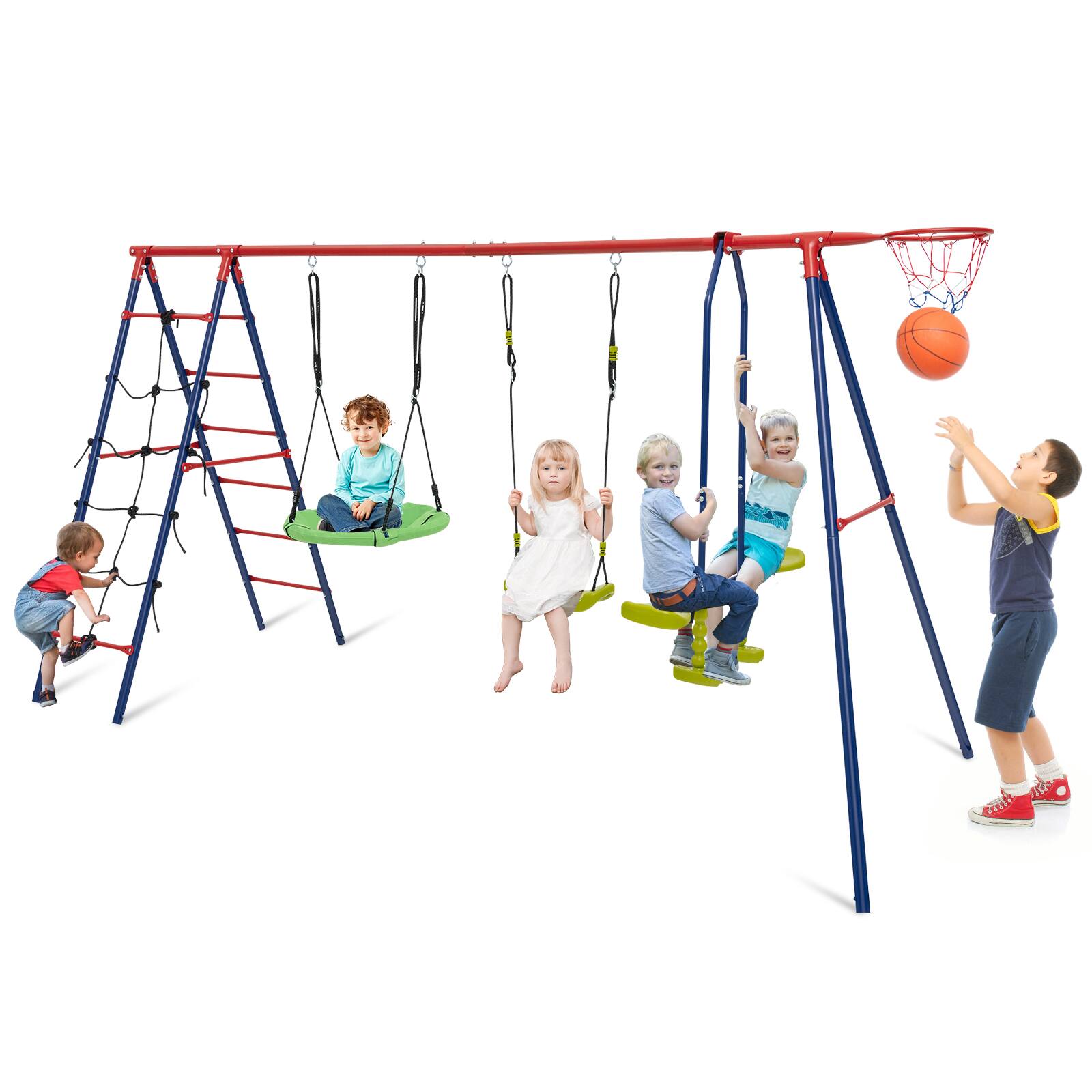 Costway - Swing Set for Backyard with 2 Height Adjustable Swings Glider Basketball Hoop - Red