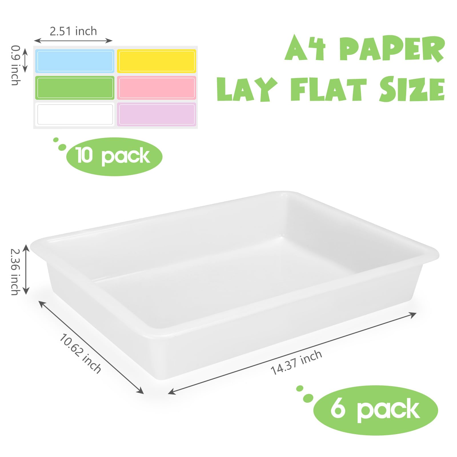 A4 PAPER LAY FLAT SIZE

0.9 inch x 2.51 inch

10 pack

2.36 inch x 10.62 inch x 14.37 inch

6 pack