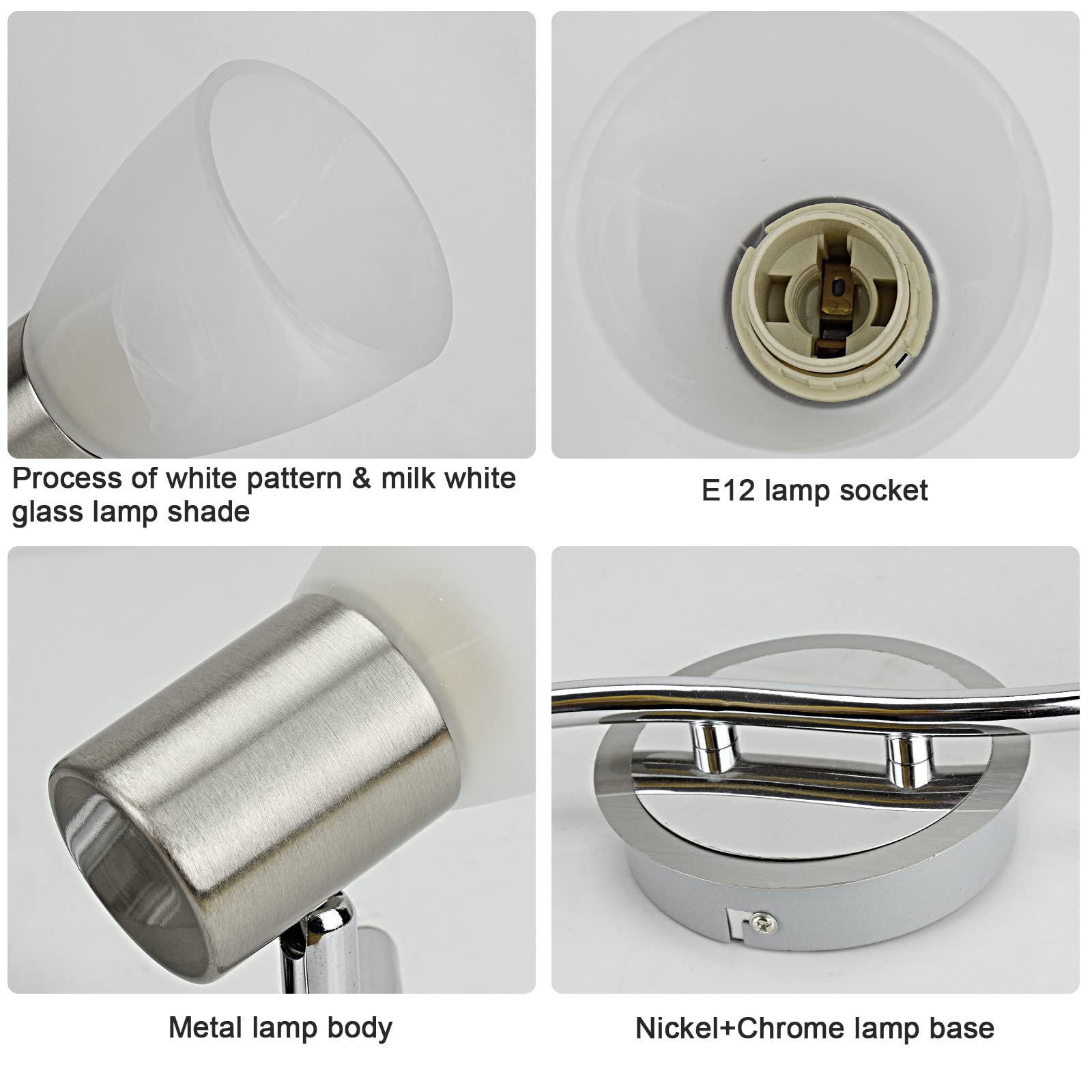 - Process of white pattern & milk white glass lamp shade
- E12 lamp socket
- Metal lamp body
- Nickel+Chrome lamp base