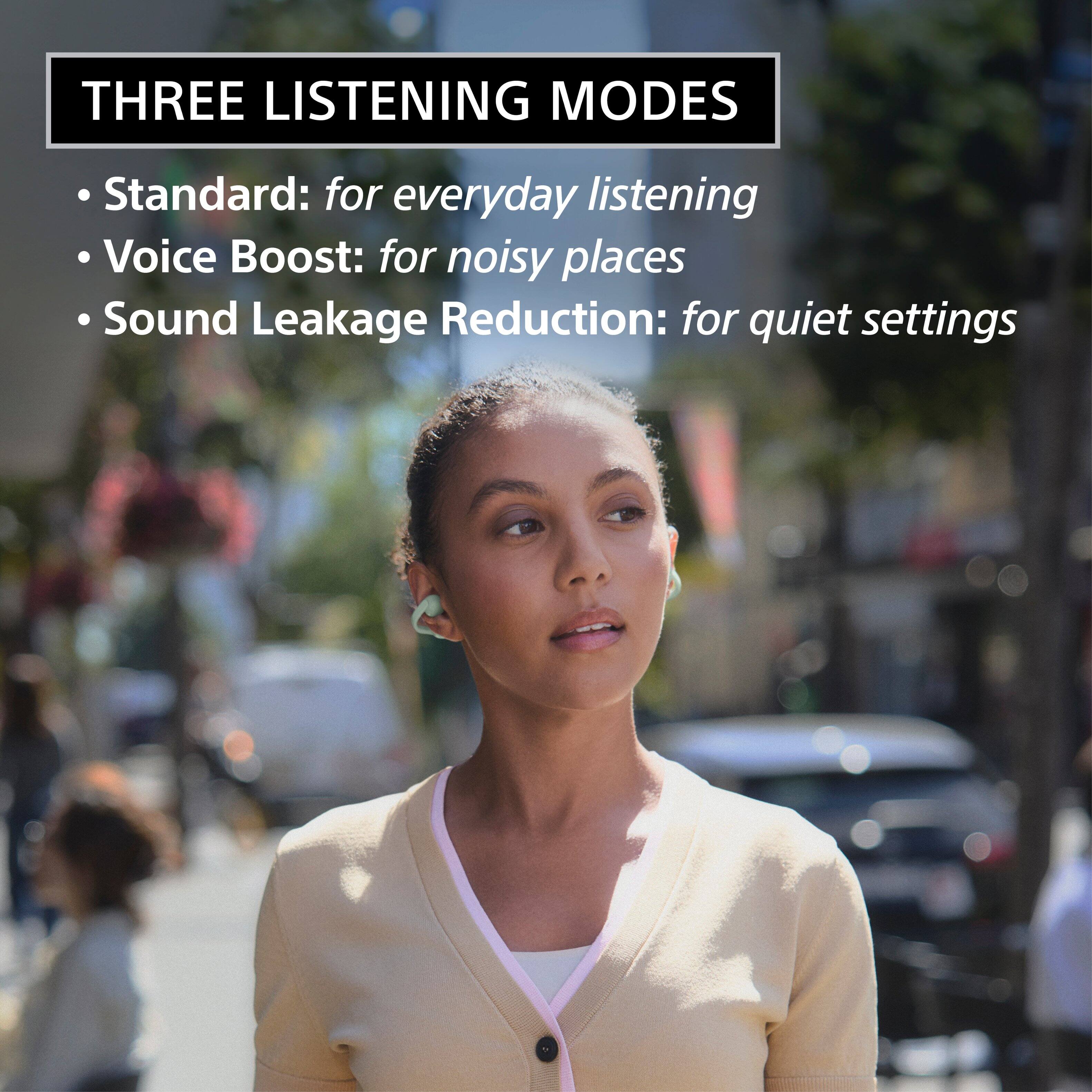 THREE LISTENING MODES

- Standard: for everyday listening
- Voice Boost: for noisy places
- Sound Leakage Reduction: for quiet settings