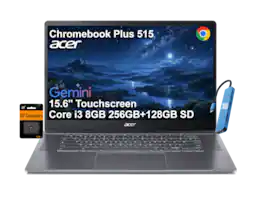 Acer - Chromebook Plus 515 15.6" FHD Touchscreen Laptop - Google AI - Core i3-1305U - 8GB RAM - 256GB+128GB SD - Chrome OS - 128GB SD Card - Gray