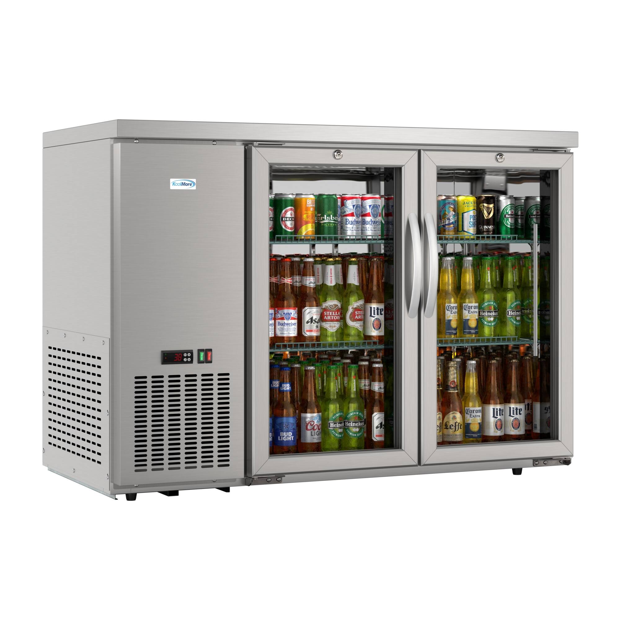 The image features a refrigerator filled with a variety of beer bottles. The refrigerator is made by the brand "Sudco." The bottles are arranged in multiple shelves, with some bottles placed closer to the front and others towards the back. The refrigerator is designed to store and display the beer bottles in an organized manner, making it easy for customers to choose their desired beverage.