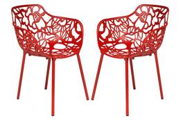 LeisureMod - Set of 2 Devon Aluminum Dining Chair with UV-Protected Aluminum Frame Floral Cutout Design for Indoor Outdoor - Red