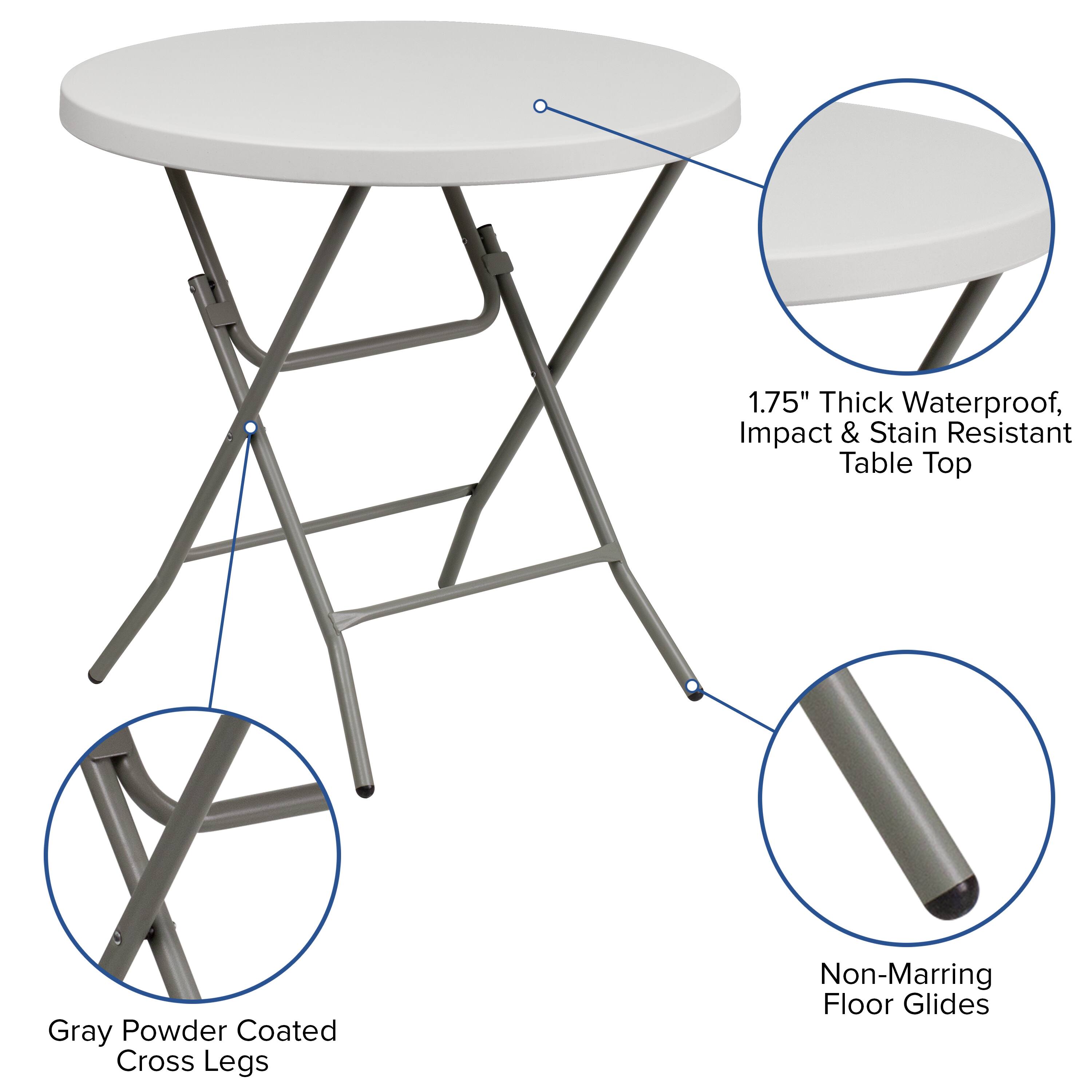 1.75" Thick Waterproof, Impact & Stain Resistant Table Top  
Gray Powder Coated Cross Legs  
Non-Marring Floor Glides