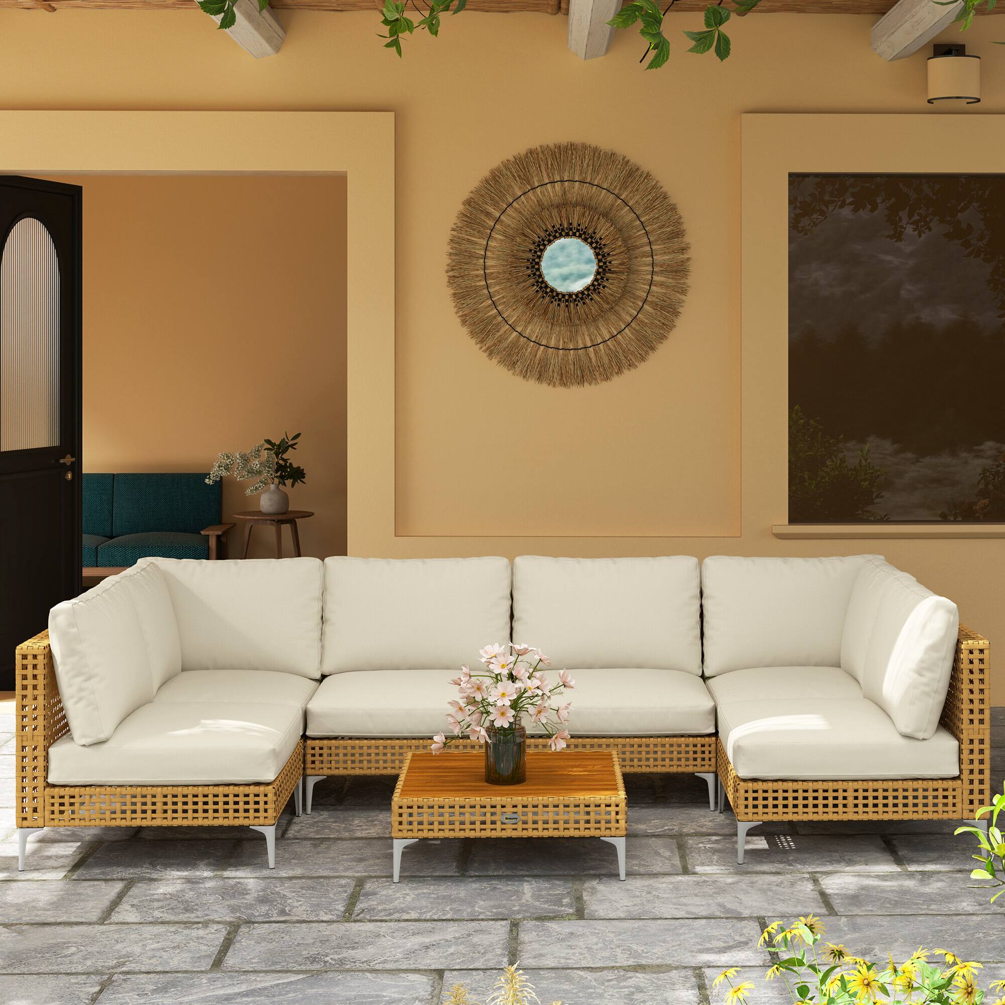 Alt View 7. Outsunny - 7 Piece Wicker Patio Furniture Set, Modular Outdoor Sectional with Thickened Cushions - Khaki/Beige.