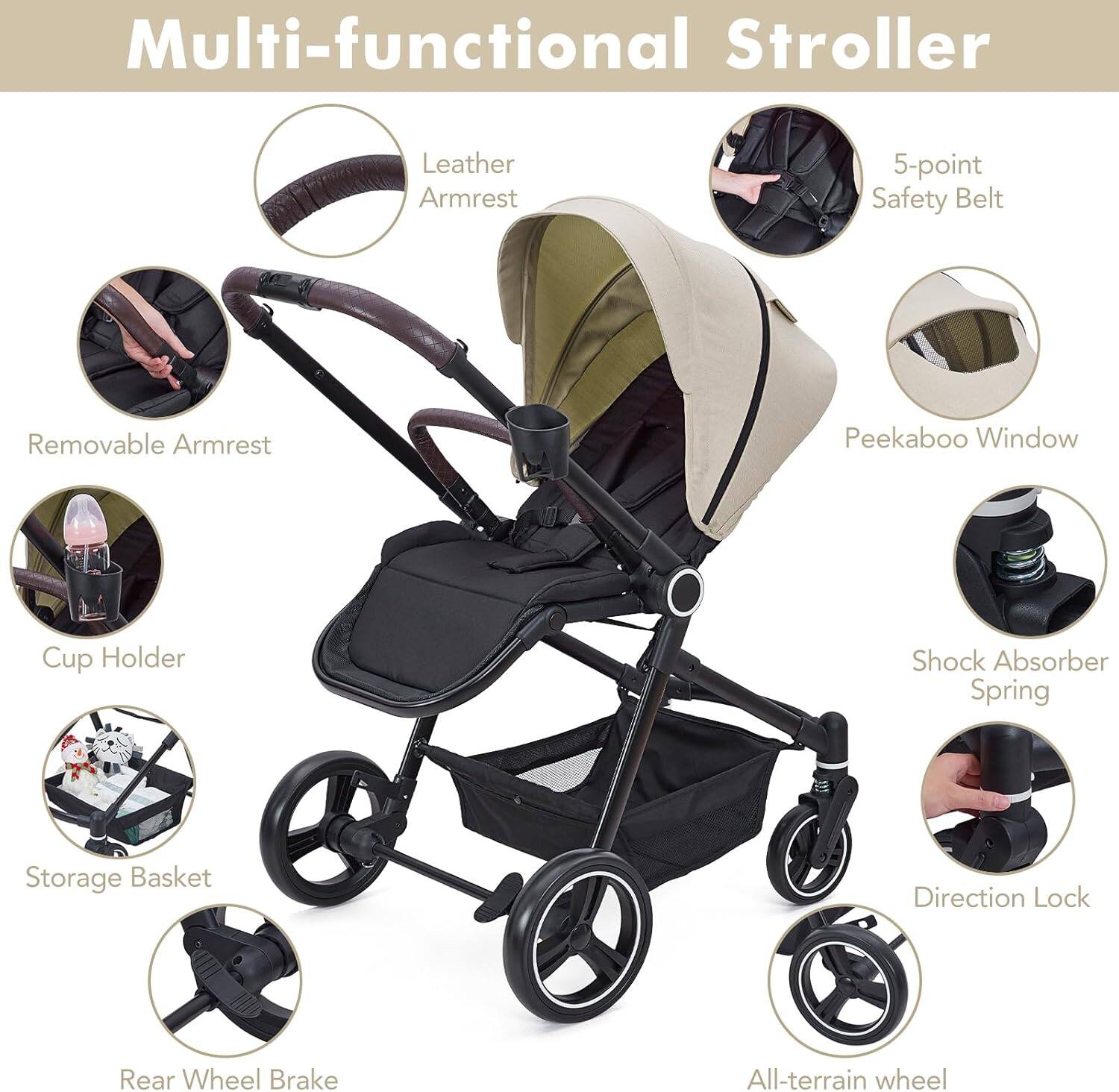 Multi-functional Stroller

- Leather Armrest
- 5-point Safety Belt
- Removable Armrest
- Peekaboo Window
- Cup Holder
- Shock Absorber Spring
- Storage Basket
- Rear Wheel Brake
- Direction Lock
- All-terrain wheel