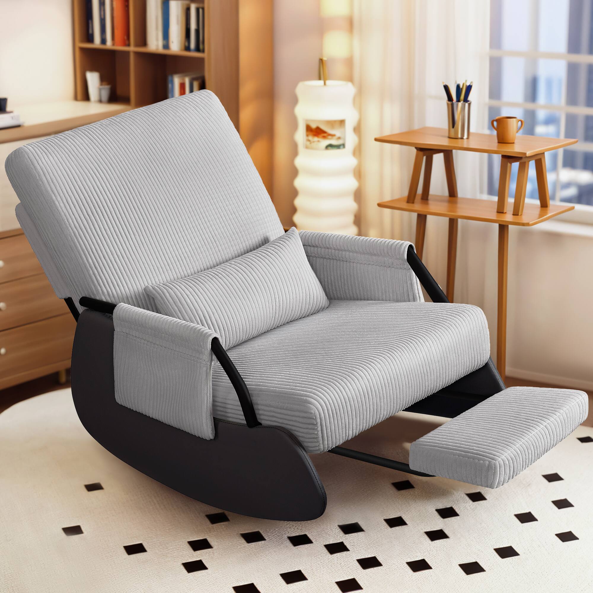 Front. KERDOM - Corduroy Rocking Chair with Footrest, Cover Washable, Upholstered Cradle Armchair Nap Recliner Glider Chair with Ottoman - Grey.