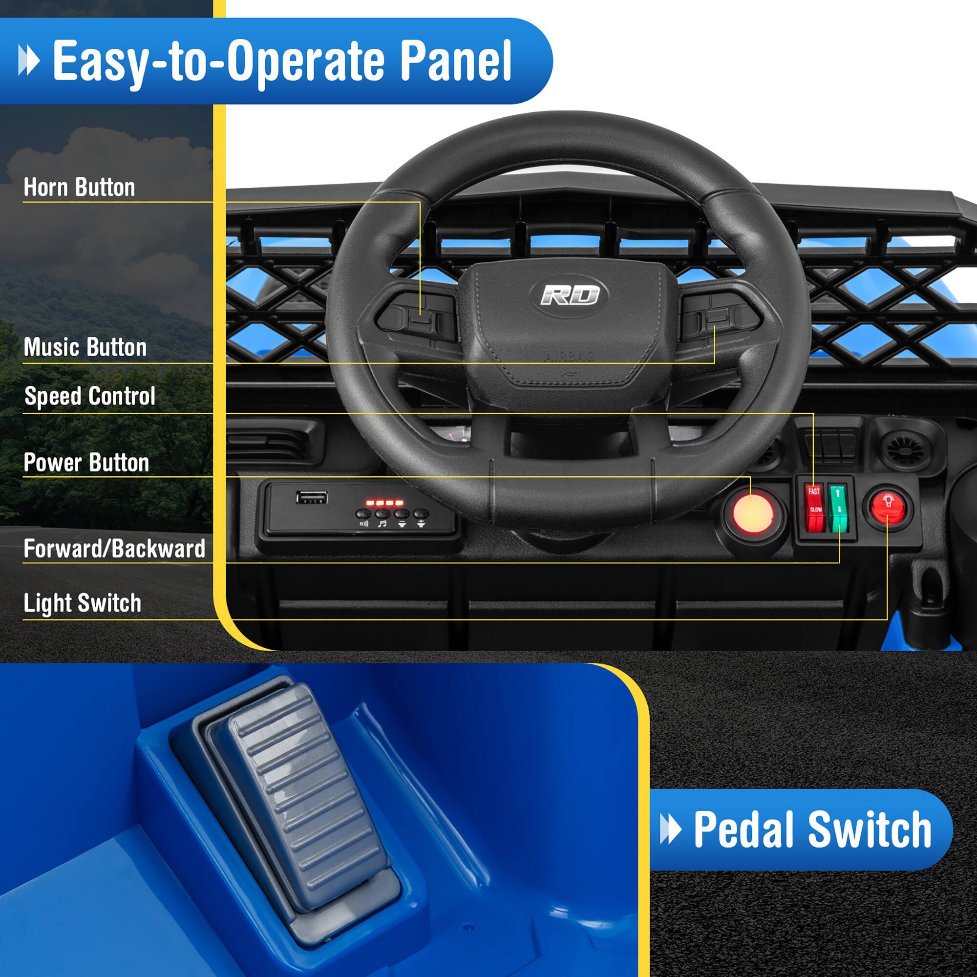 Easy-to-Operate Panel

- Horn Button
- Music Button
- Speed Control
- Power Button
- Forward/Backward
- Light Switch

Pedal Switch