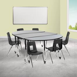 Emma + Oliver - Mobile 86" Oval Wave Collaborative Laminate Activity Table Set with 16" Student Stack Chairs - Gray