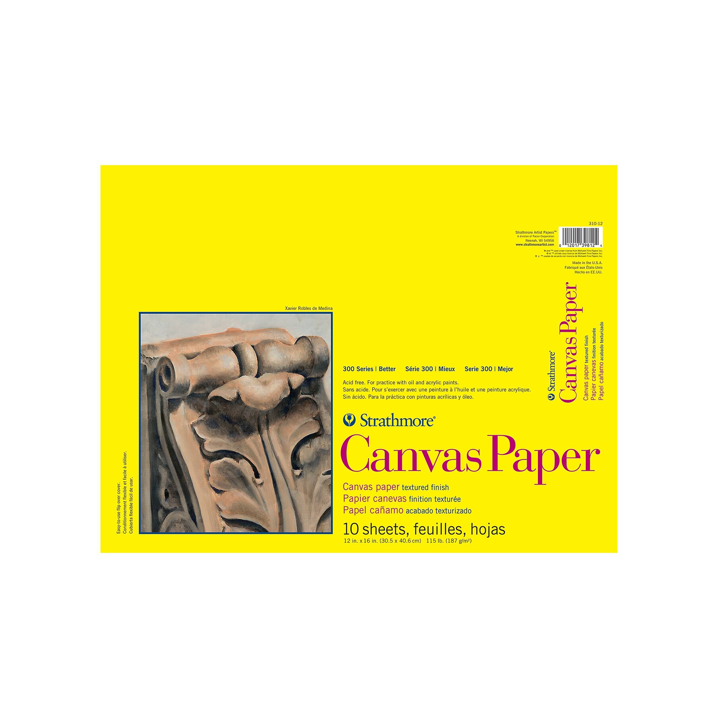 Sure, here is the corrected and grouped text from the image:

---

**Strathmore Canvas Paper**

- **300 Series Better / Serie 300 Mejor / Serie 300 Mieux**
- **Canvas paper textured finish**
  - Papier canevas finition texture
  - Papel cañamo acabado texturizado
- **10 sheets, feuilles, hojas**
  - 12 in x 16 in (30.5 cm x 40.5 cm) 115 lb (187 g/m²)

---

**For practice with oil and acrylic paints**
- Pour exercer avec une peinture à l'huile ou une peinture acrylique
- Para practica con pinturas acrílicas y oleo

---

**Acid free**
- Sans acide
- Sin ácido

---

**www.chainmanarial.com**

---

**2017 24112**

---

**0.00 Tavier Robles**

---

**Madera Paper finish**

---

**CHOMICKING fasine flavors**

---

**- ago nexiste siutierta**

---

**320-1
