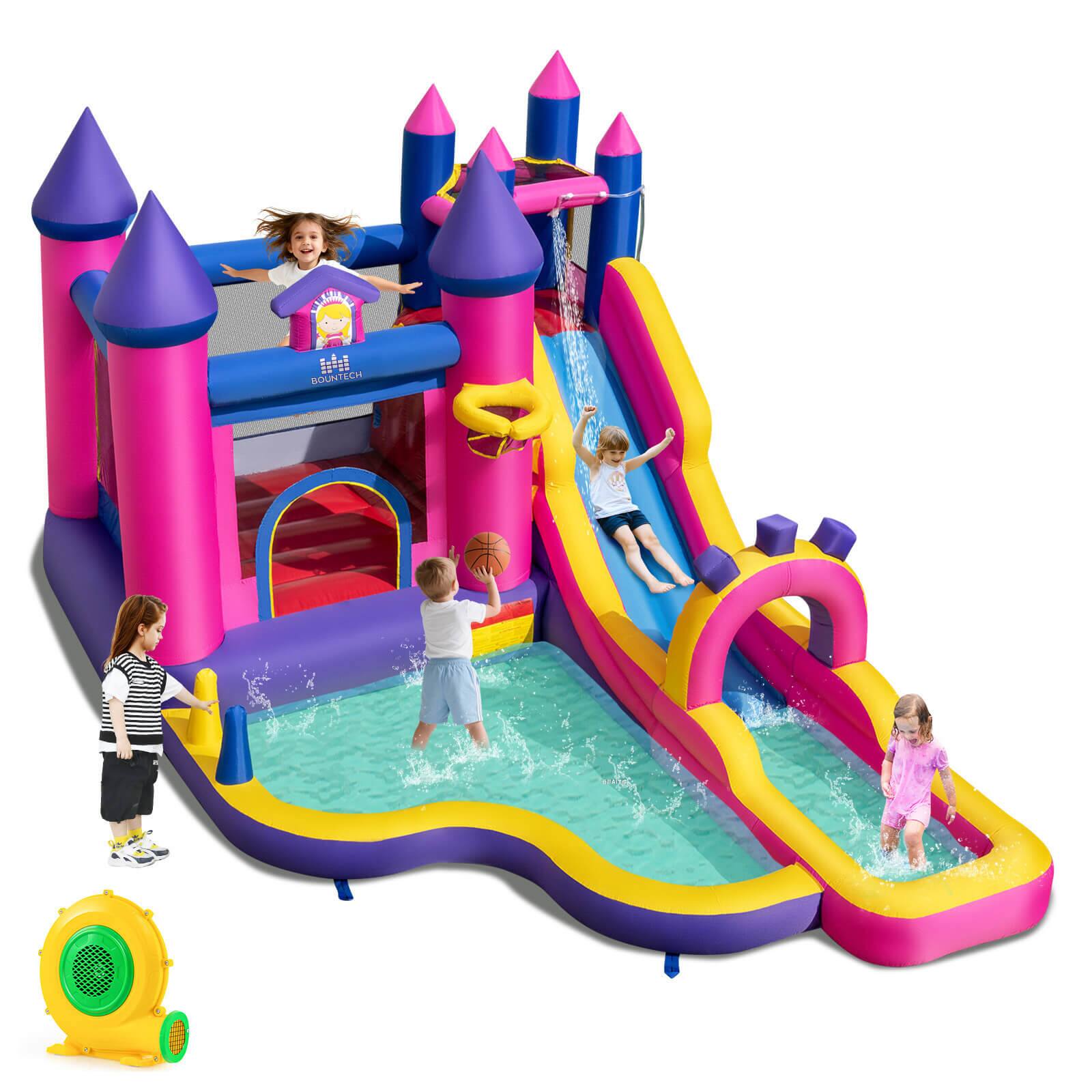 Front. Costway - Costway Inflatable Water Slide with Climbing Wall Basketball Hoop Splash Pool 680W Blower - Multicolour.