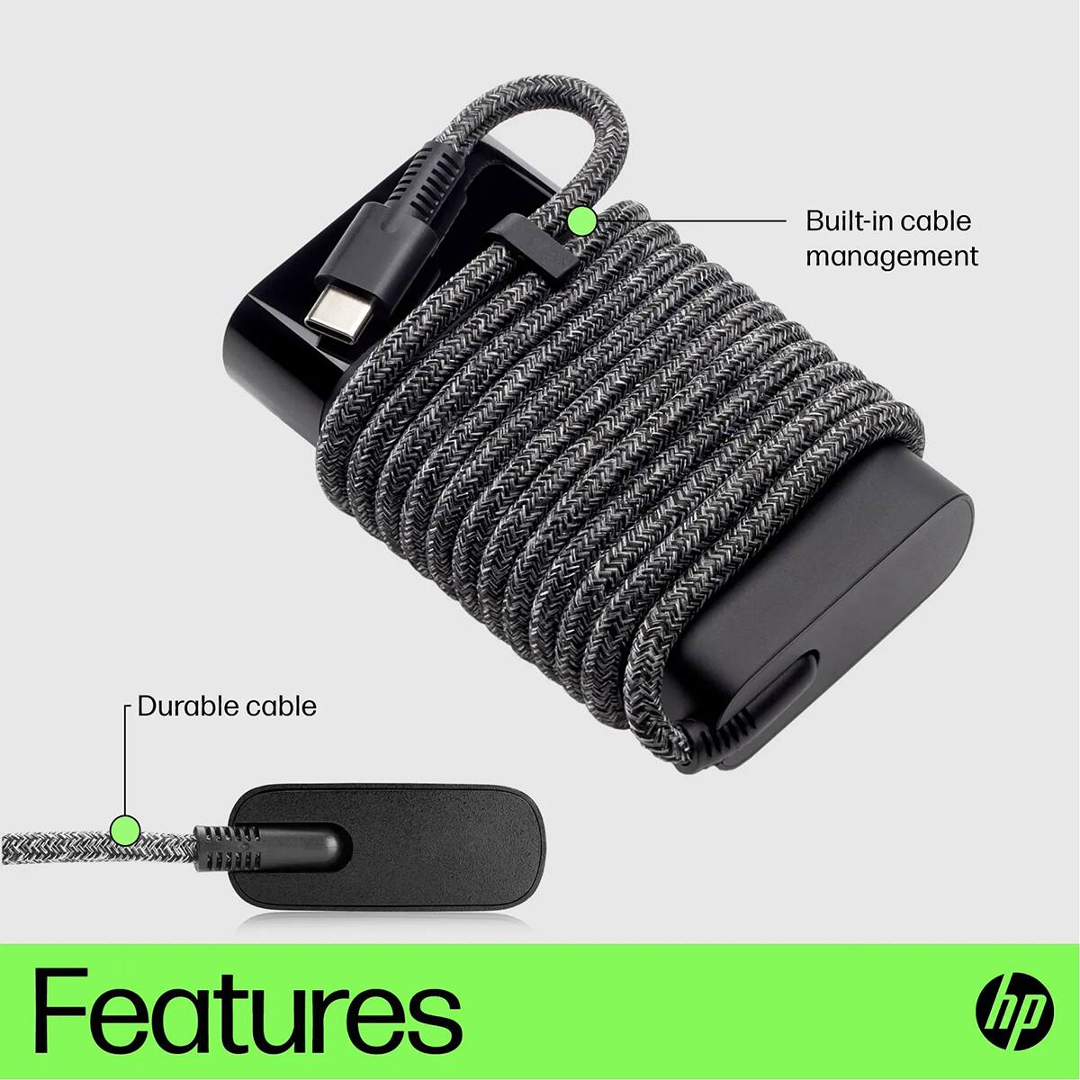 - Built-in cable management
- Durable cable
- Features
- hp