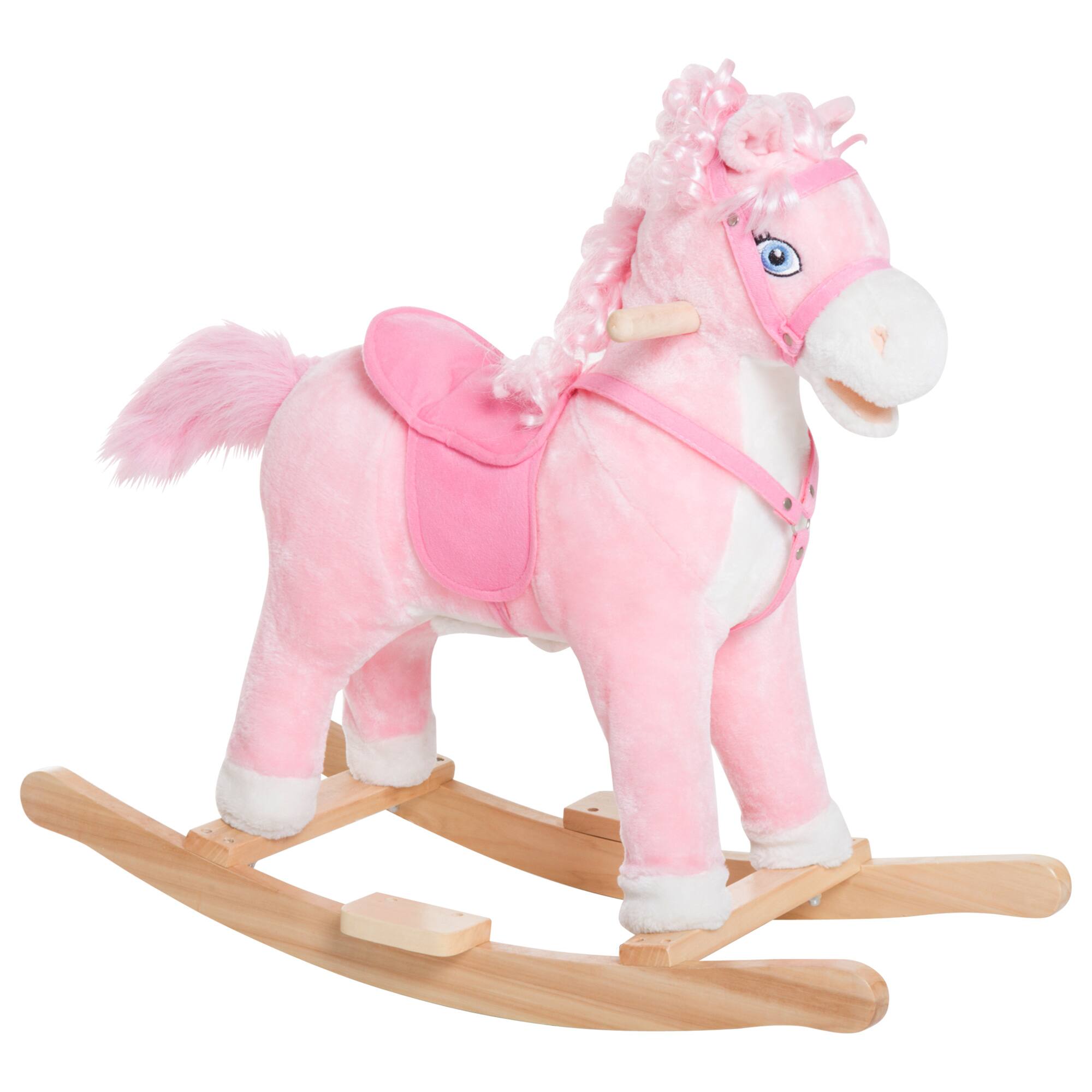 Front. Siljoy - Pink Rocking Horse with Sounds & Swinging Tail, Plush Pony Toy, 88lb Load, Ages 3+, Long Hair - Pink.