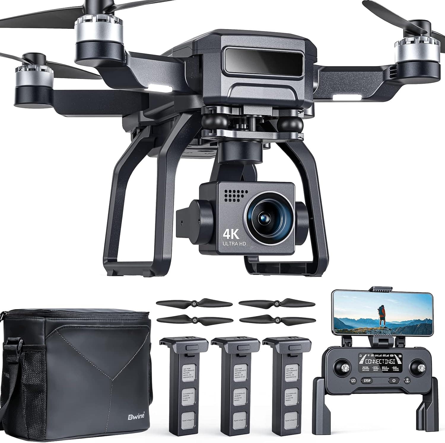 Bwine - F7GB2 Pro Drones with Camera for Adults 4K UHD Aerial, 3-Axis Gimbal, 10000FT Control,GPS Follow,Beginner Mode - Dark Gray