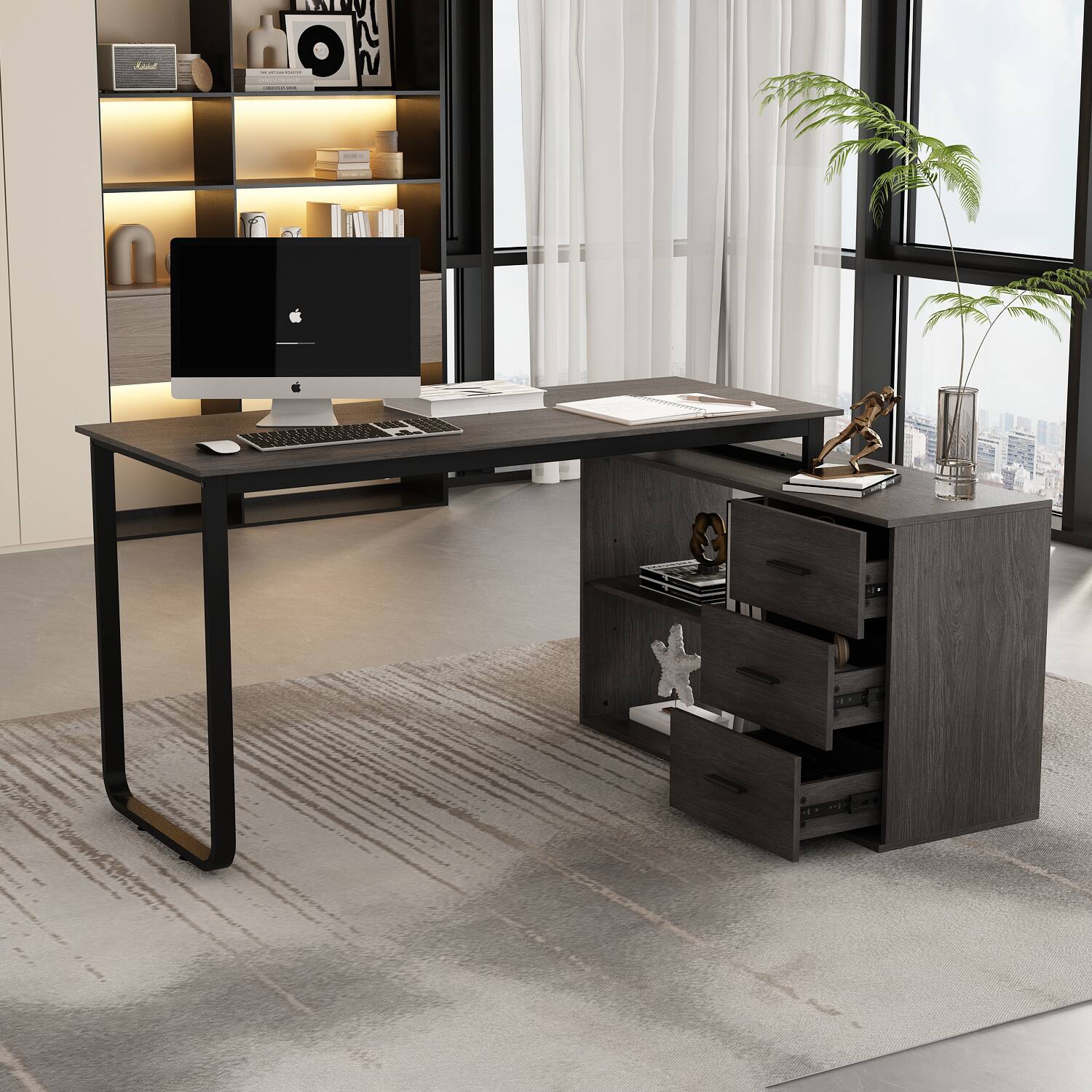 Angle. Famapy - Famapy Multi - Color L - Shaped Desk: Corner - Friendly Design, Smooth Drawers & Versatile Use for Work/Gaming Setups - Dark Gray.